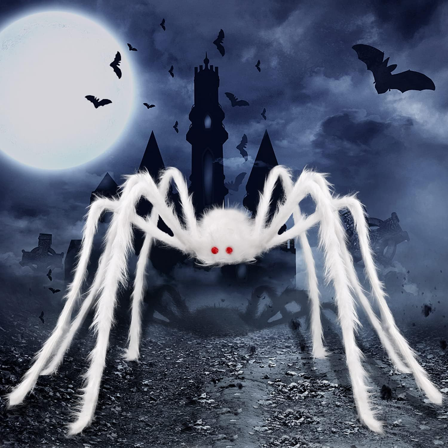 Giant Halloween Hairy Spider White 59"