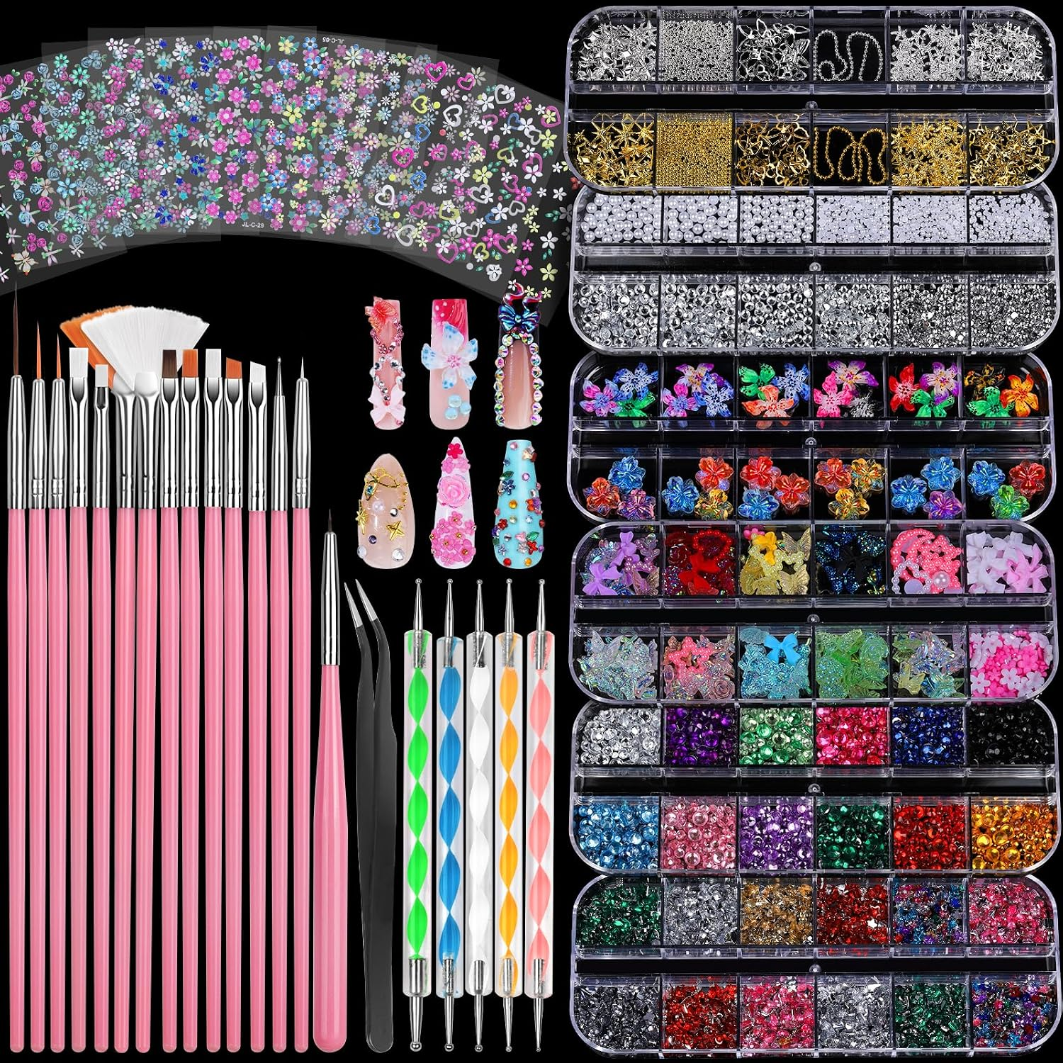 Nail Art Kit with Brushes Dotting Tools Charms Rhinestones Stickers Decoration Set