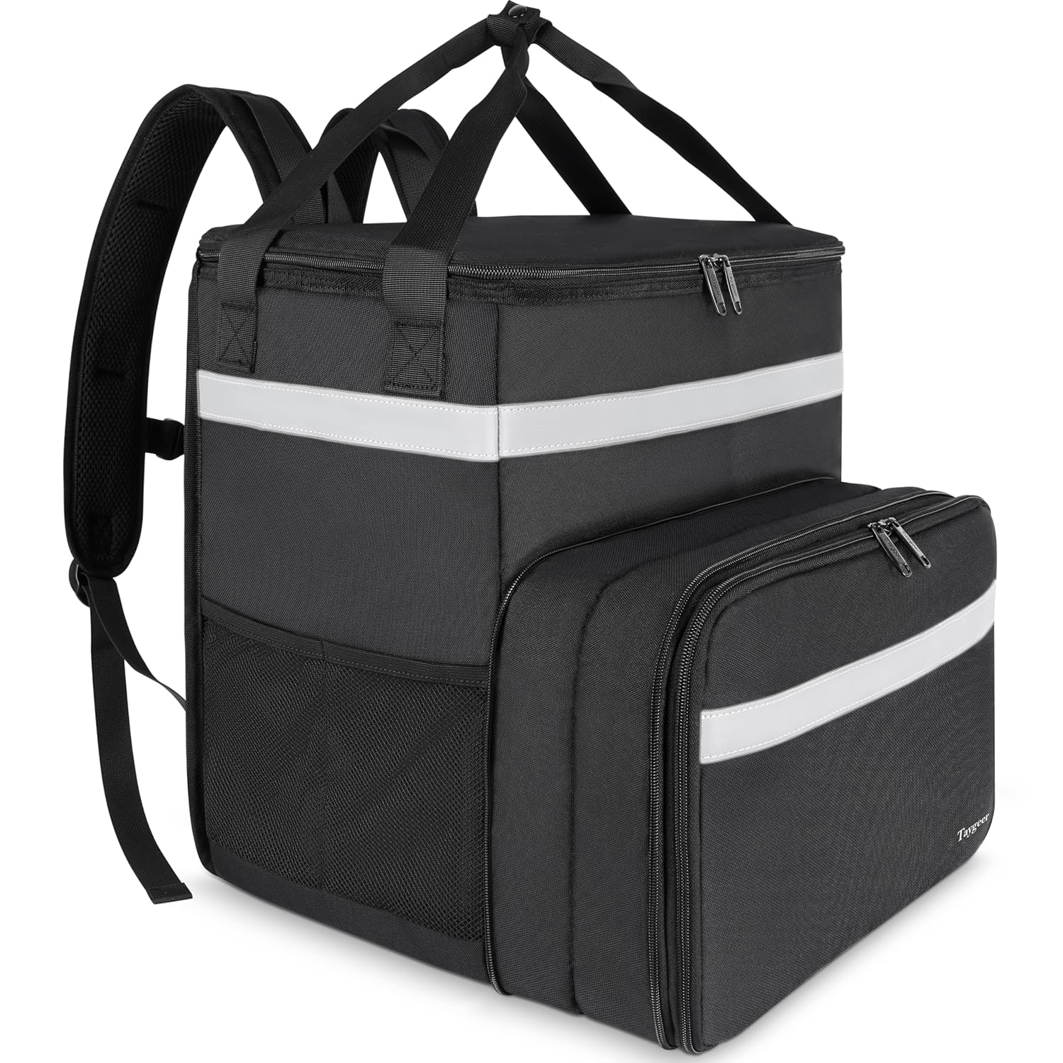 Taygeer Food Delivery Backpack, Expandable Insulated Food Delivery Bag for Grocery Bike, Large Leakproof Waterproof Hot Pizza Bags with 4 Mesh Pockets Reflective Strip for Uber Eat, Doordash, Black