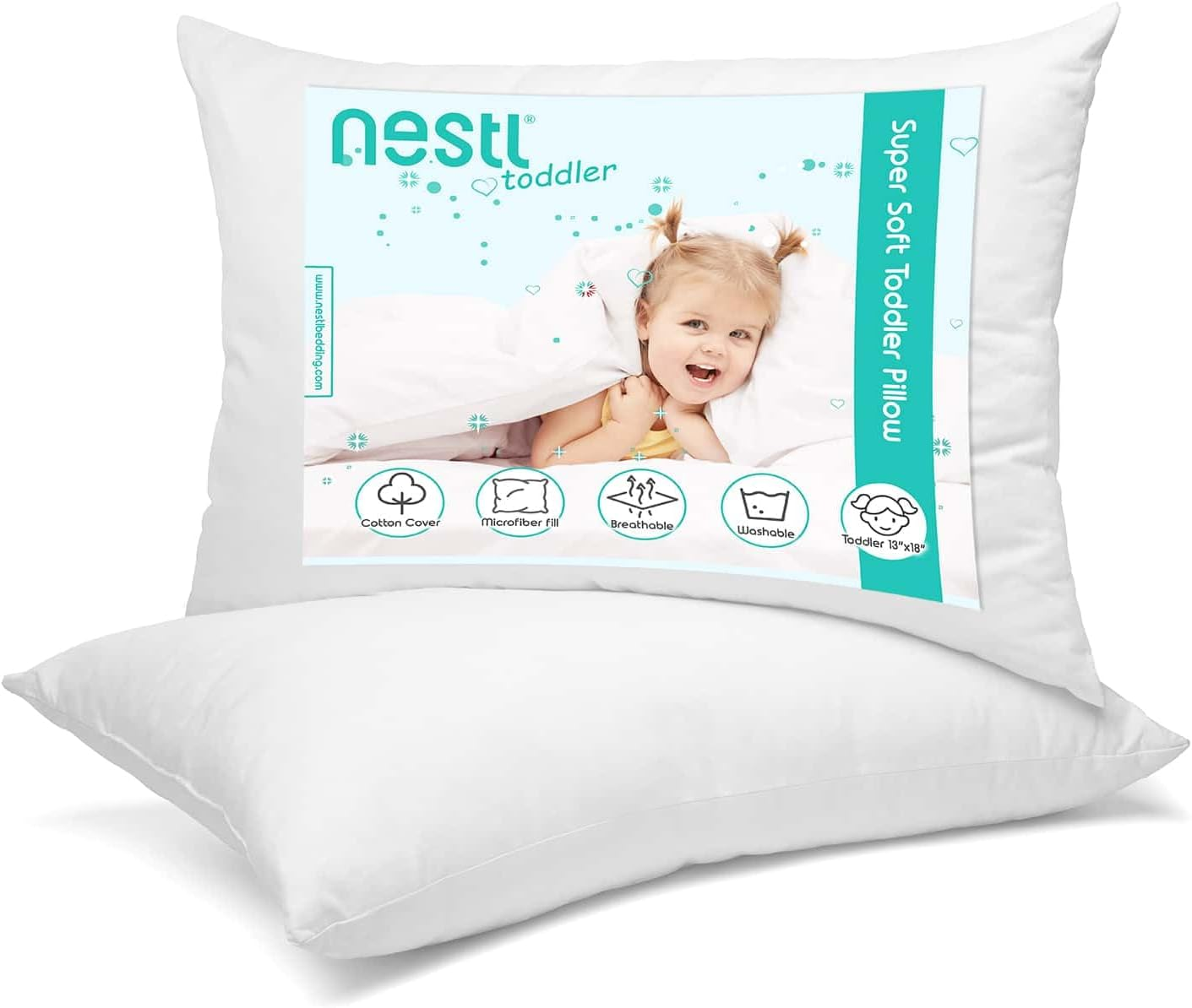 2 Pack Toddler Pillow for Sleeping 13 X 18, Small Kids Pillow for Travel, Car, School, Nap, & Toddler Bed, Machine Washable Soft Cotton Child 2 Year Old and up - White