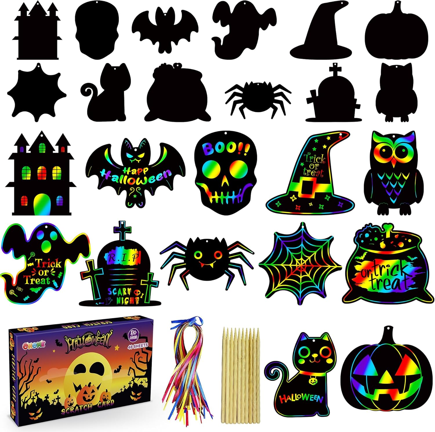 Halloween Party Favors - 48 PCS Magic Rainbow Scratch Paper Cards Set for Kids - Kids Halloween Games Crafts Treats Toys Gifts - Trick-Or-Treat Activities Party Decorations Supplies