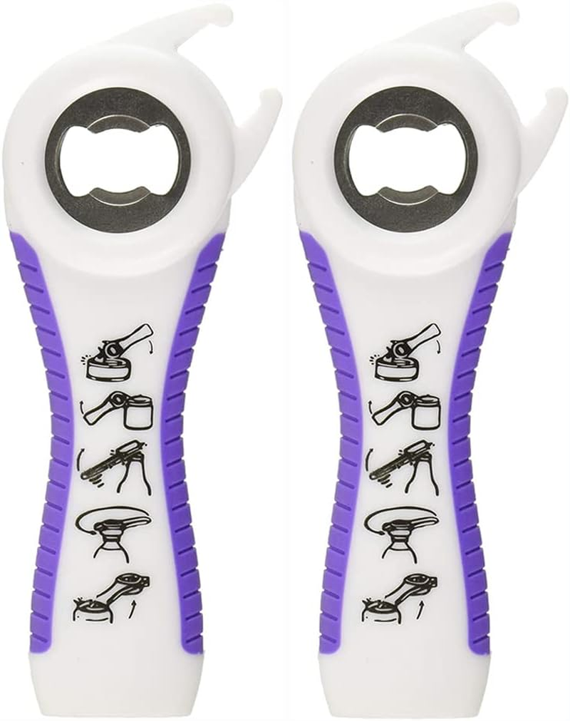2 Pack 5-In-1 Multi Function Plastic Grip Bottle Opener- Easily Opens Twist Caps, Bottle Caps, Canning Lids and Can Tabs (White)