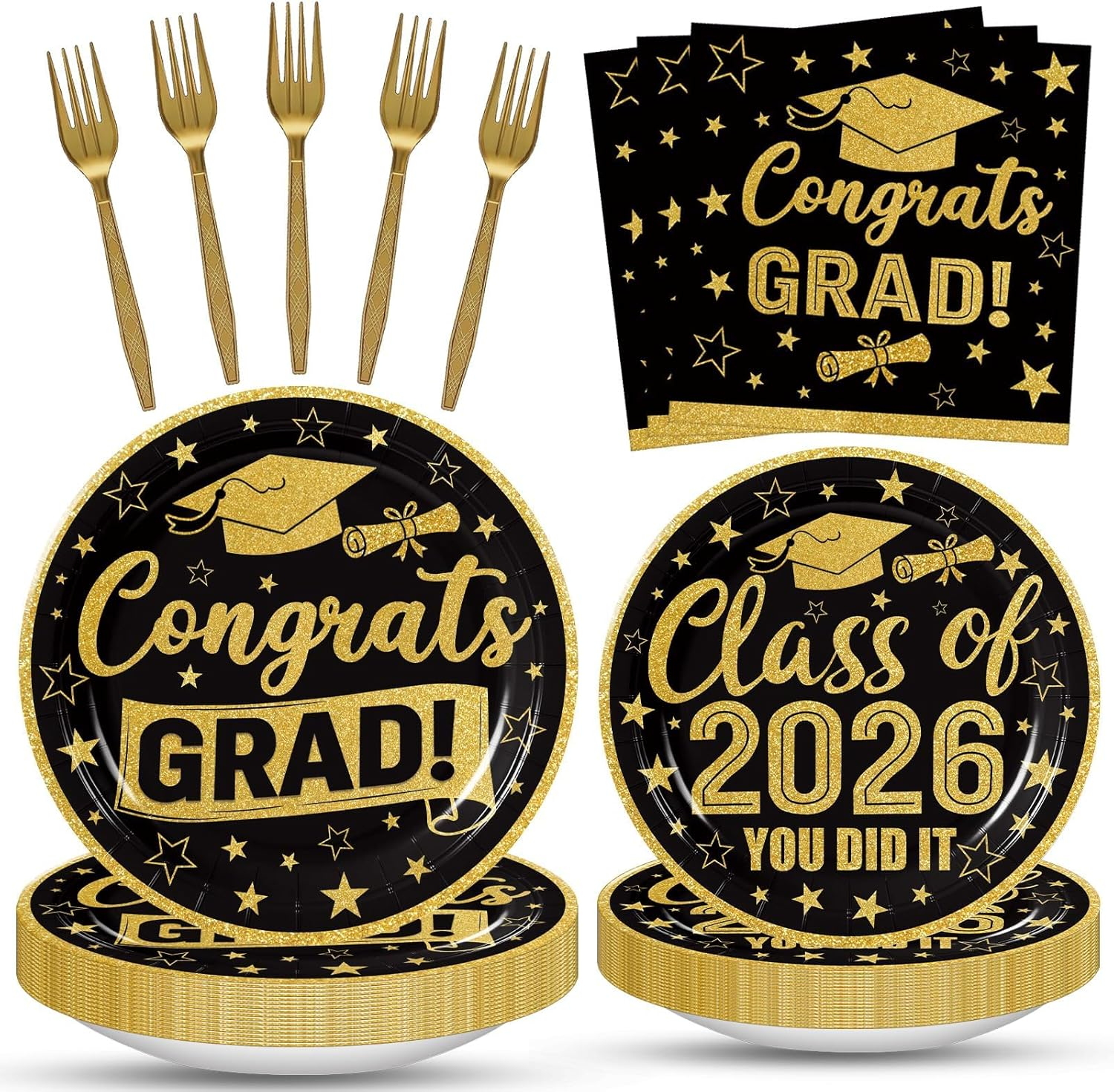 100 Pcs Graduation Party Supplies Set, Serves 25 – Disposable Black and Gold Graduation Paper Plates, Napkins, and Forks, Congrats Grad Dinnerware for Class of 2026, Prom Party Decorations