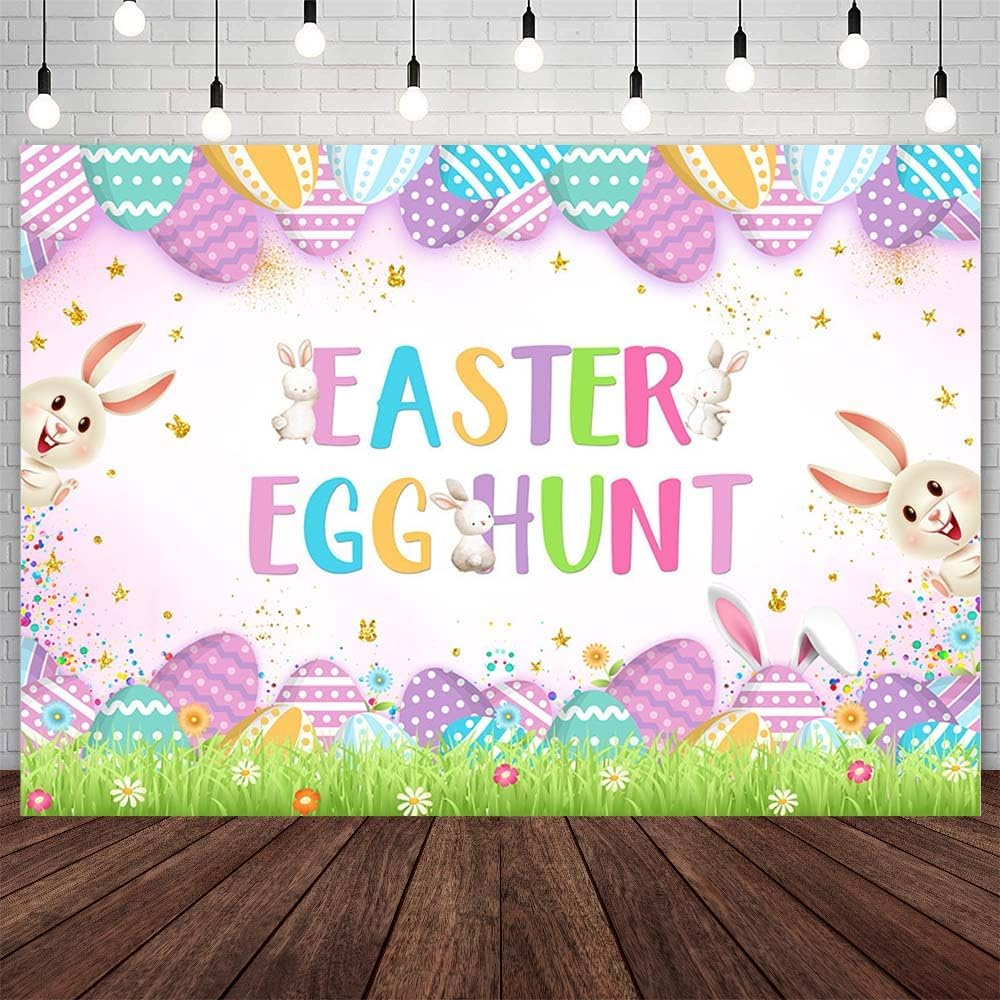 7X5Ft Easter Egg Hunt Backdrop Easter Bunny Rabbit Photography Background Spring Easter Garden Grass Colorful Eggs Baby Shower Birthday Party Decorations Banner Photo Props