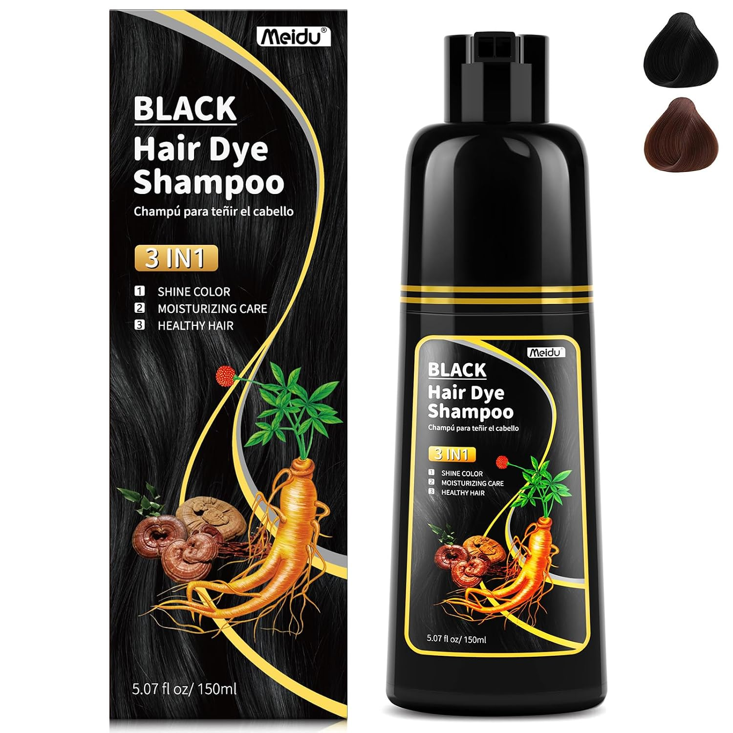 MEIDU 3 in 1 Black Hair Dye Shampoo Gray Hair Cover Herbal Ginseng Men Women