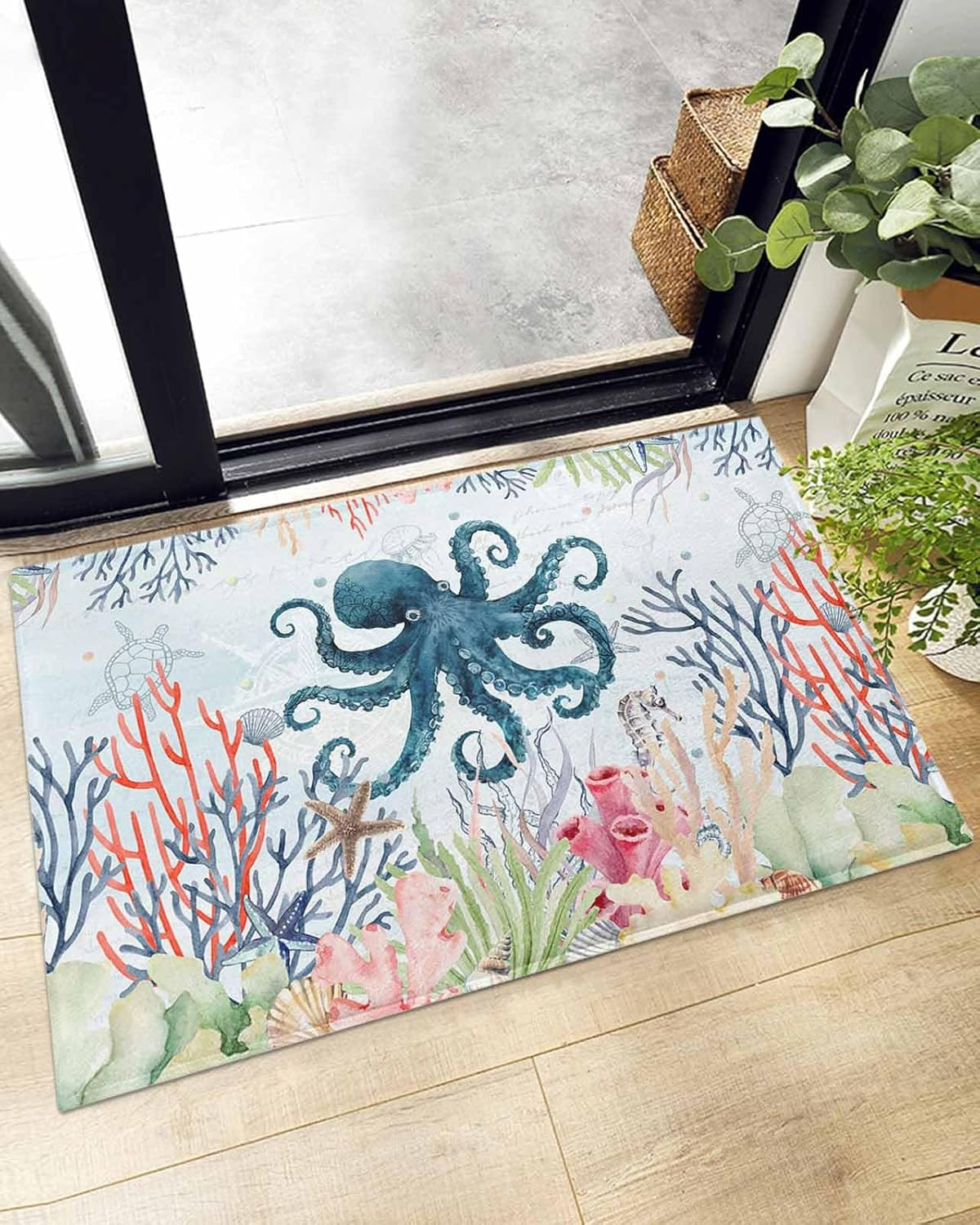 Octopus Shag Mat for Bathroom,Sea Monster Fluffy Bath Rug,Underwater Coral Non-Slip Water Absorb Area Rug Shaggy Carpet,Ocean Marine Life Washable Warm Fuzzy Shag Door Mats for Indoor Floor 16X24In