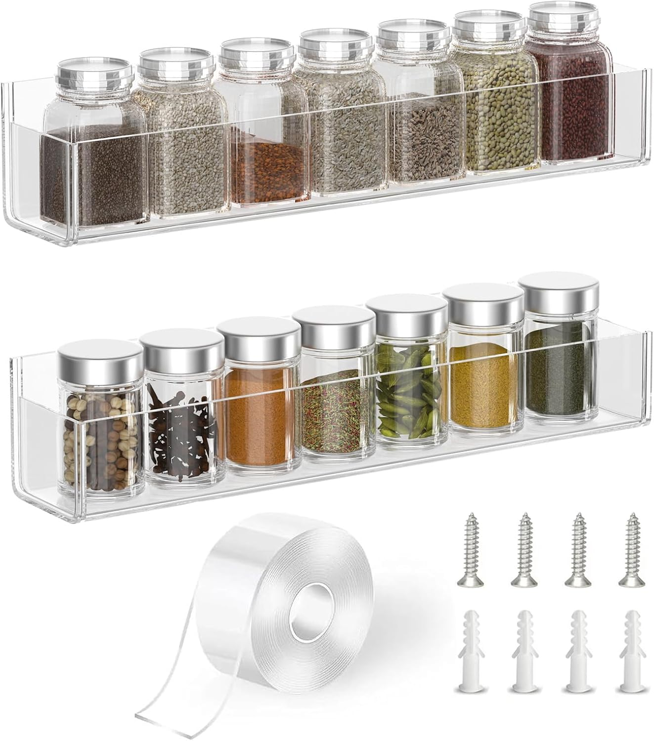 Adhesive Acrylic Spice Rack Organizer for Wall with Nano Double Sided Tape, Spice Shelf Organization for Kitchen Cabinet Door/Pantry Door, Wall Mount Seasoning Rack (Clear-2 Pack)
