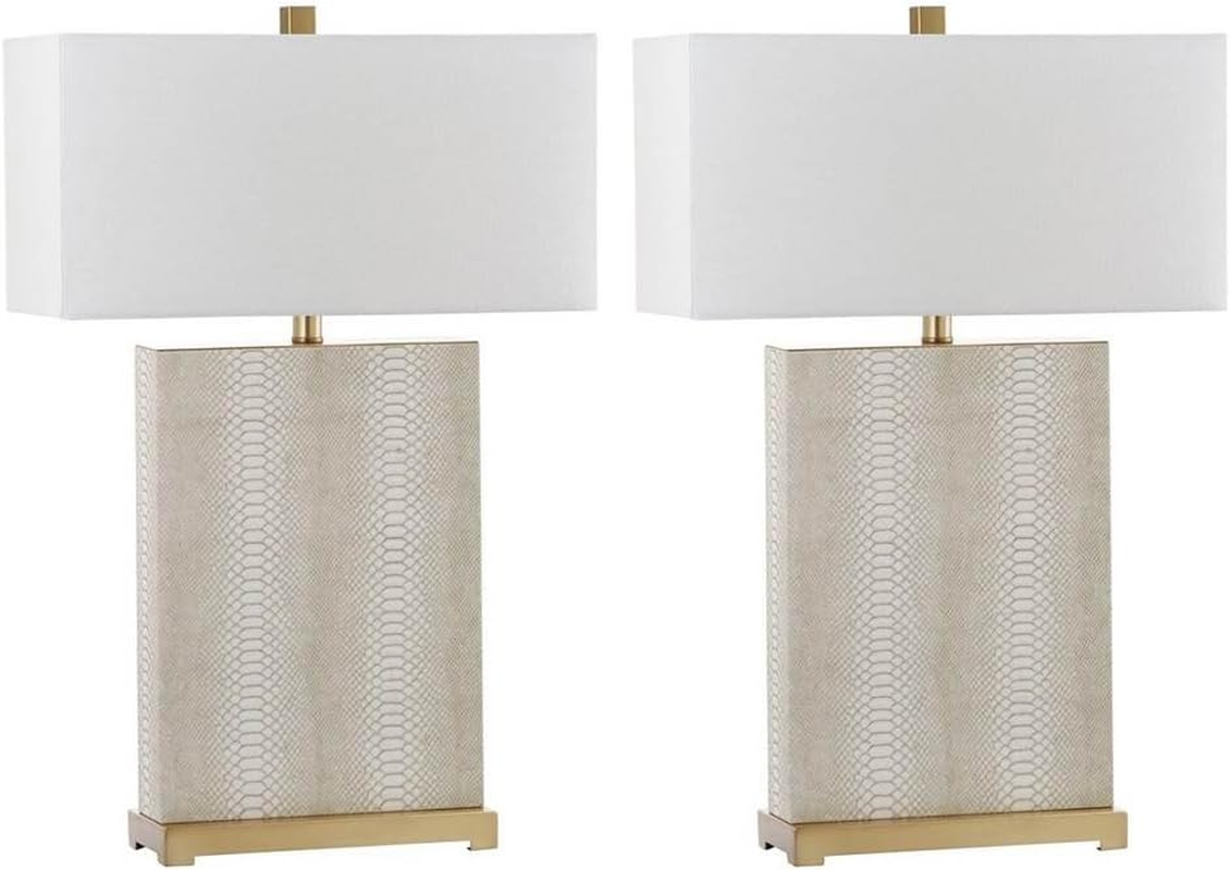 SAFAVIEH Lighting Collection Joyce Modern Art Deco Cream Faux Snakeskin Rectangle Shade 28-Inch Bedroom Living Room Home Office Desk Nightstand Table Lamp Set of 2 (LED Bulbs Included)