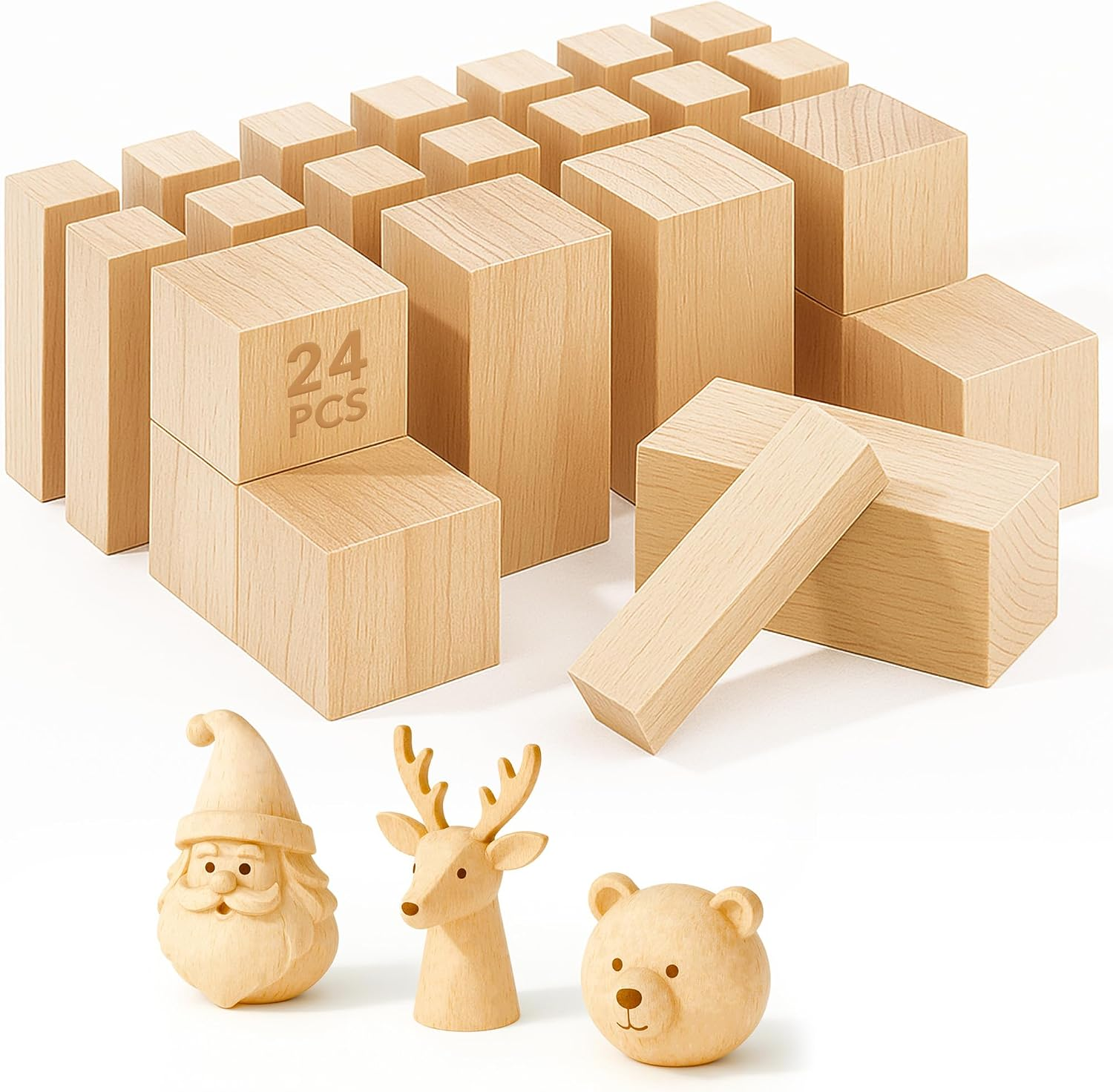 Basswood Carving Blocks 24 Pcs Unfinished Wood Blanks 3 Sizes DIY Crafts
