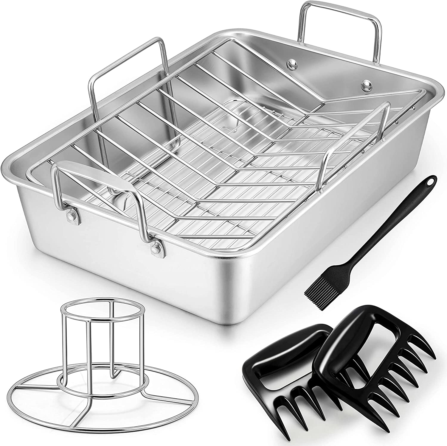 Roasting Pan, Large Turkey Roaster Pan Stainless Steel with V Rack & Cooling Rack, Beer Can Chicken Holder & Meat Claws for Shredding & Silicone Brush, Healthy & Dishwasher Safe - 7 Pcs