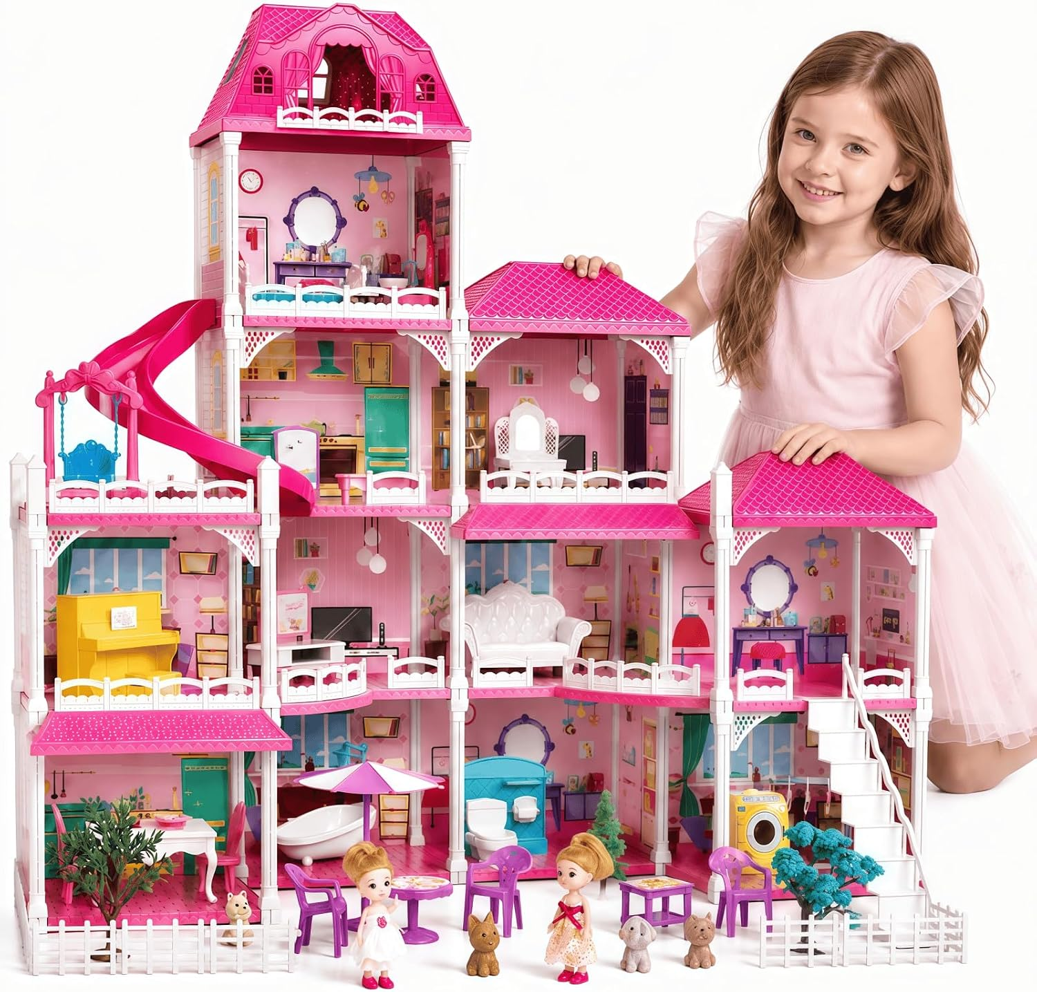 4-Story Pink House for Girls Ages 3+, 11 Rooms House and 2 Dolls