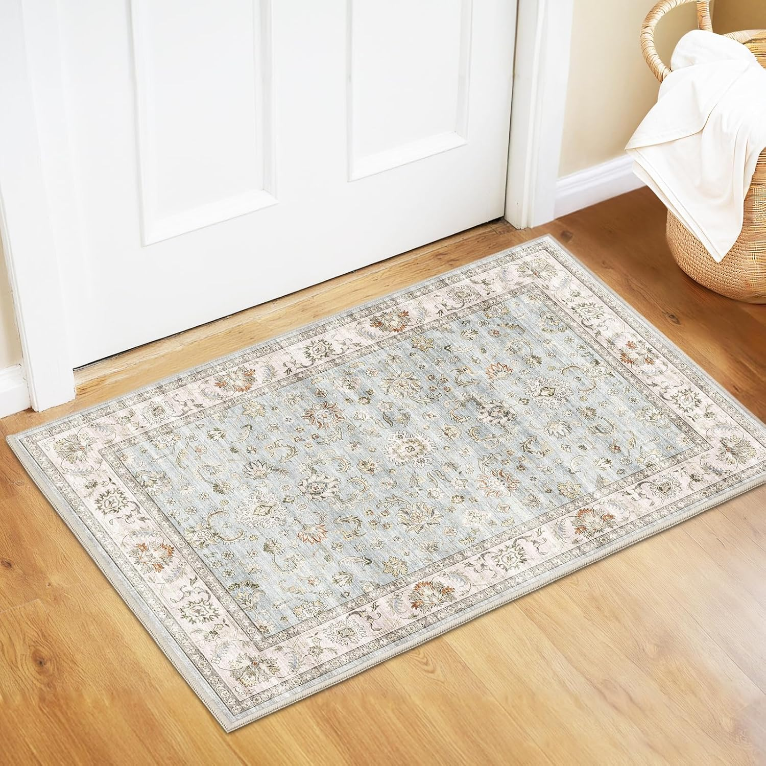 2X3 Washable Entry Area Rugs Doormat: Non Slip Rubber Backing Carpet - Low Pile for Kitchen Door Mat Indoor Entrance - Stain & Fade Resistant for Pet & Kids Friendly (Light Blue)