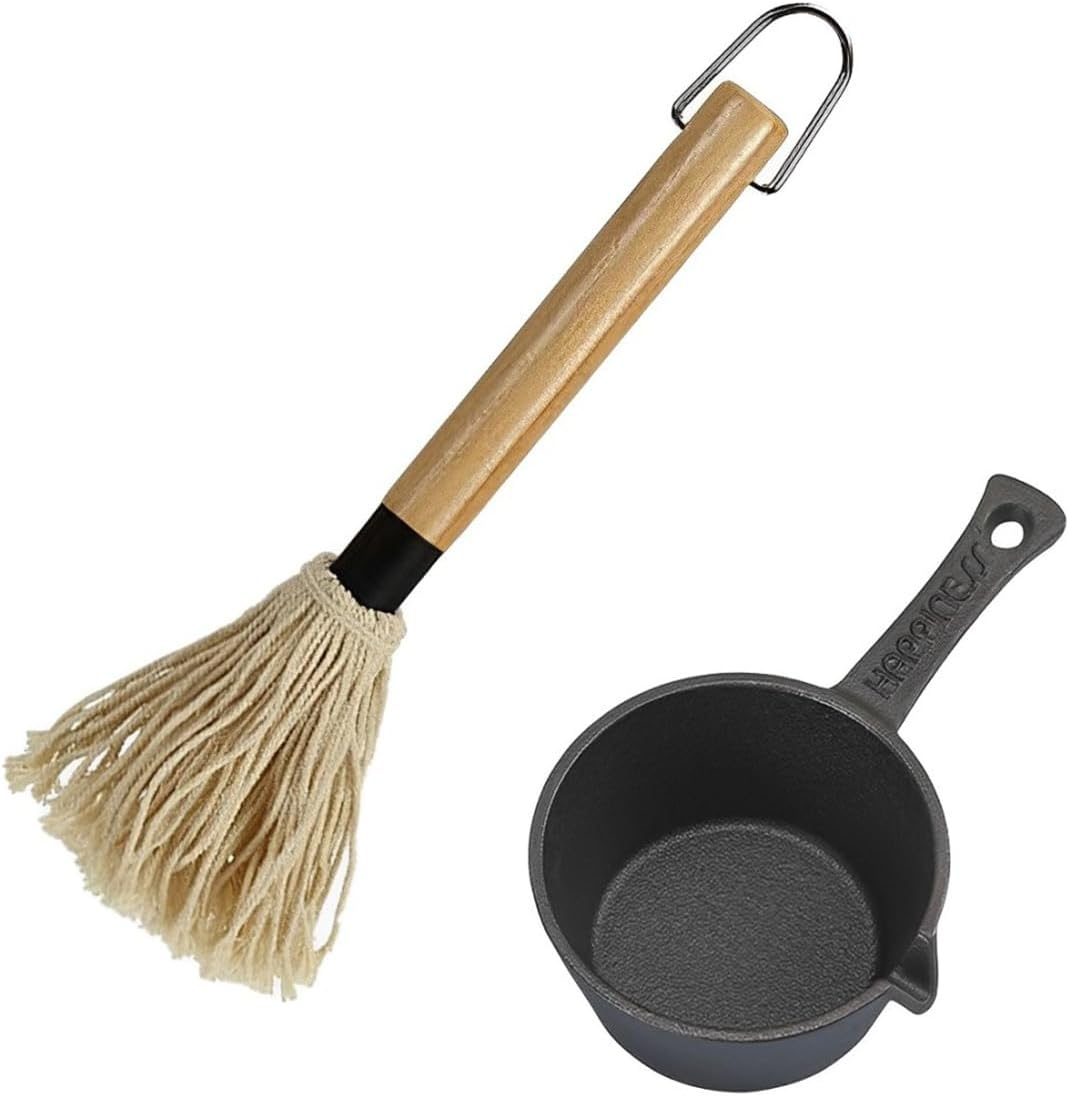 Hyzaphix Cast Iron Sauce Pot and BBQ Mop Brush Set for Grilling, BBQ Basting Set