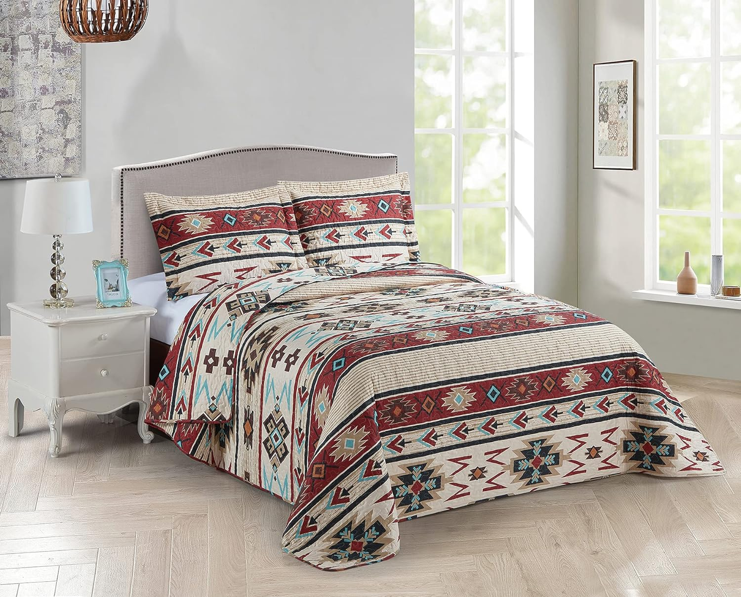 Rustic Striped Southwestern Quilt Stitched Western Bedspread Bedding Set with Beige Brown Burgundy Turquoise Tribal Native American Patterns - Colorado (Full/Queen)