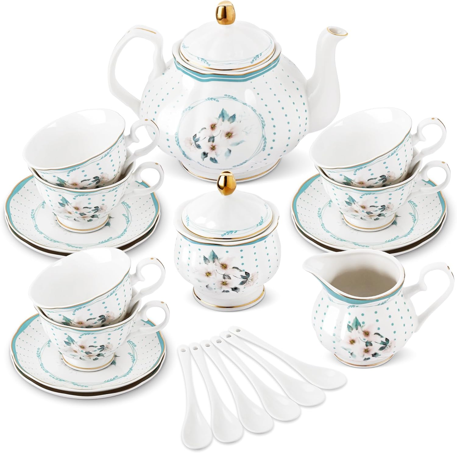 Elegant 21-Piece Royal Porcelain Tea Set with Gold Trim and Vintage Design