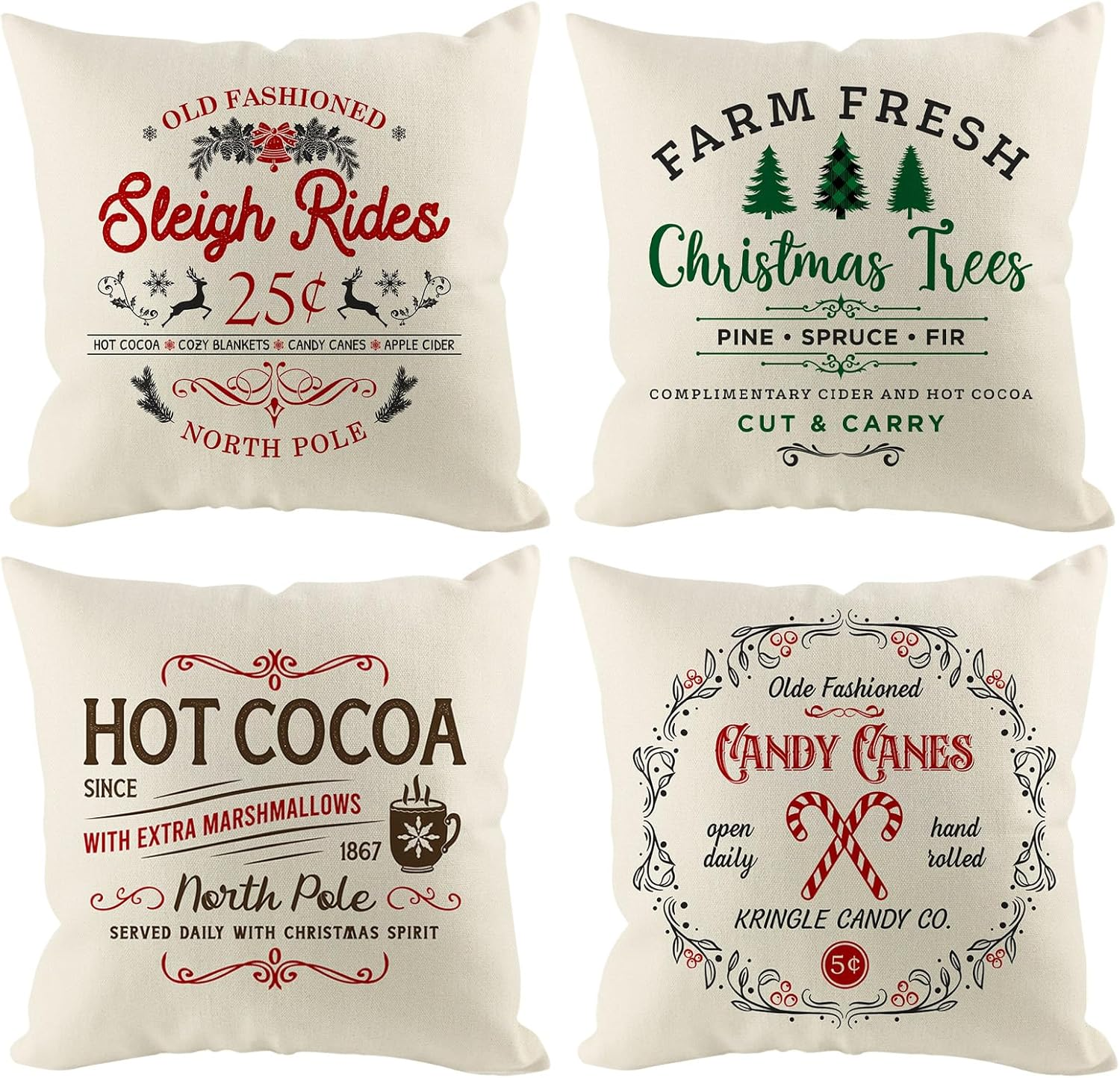 Christmas Pillow Covers 18x18 inch Set of 4, Holiday Winter Outdoor Vintage Tree Xmas White Neutral Farmhouse Seasonal Burlap Decorations for Sofa Couch
