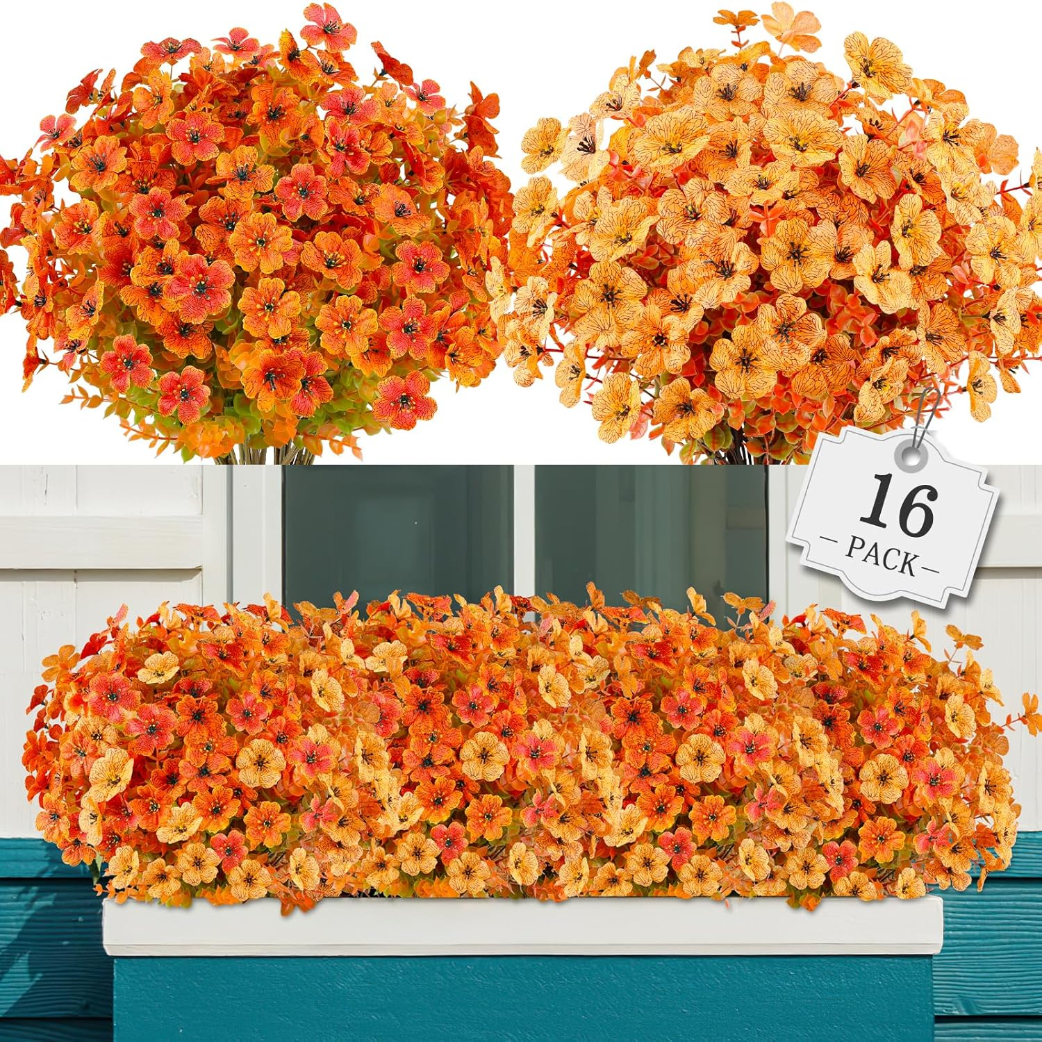 16 Bundles Artificial Fall Flowers Outdoor Indoor Decoration,No Fade Autumn Fake Plastic Plants with Eucalyptus Leaves,Faux Mums for Thanksgiving Garden Front Door Porch Patio Fall Decor