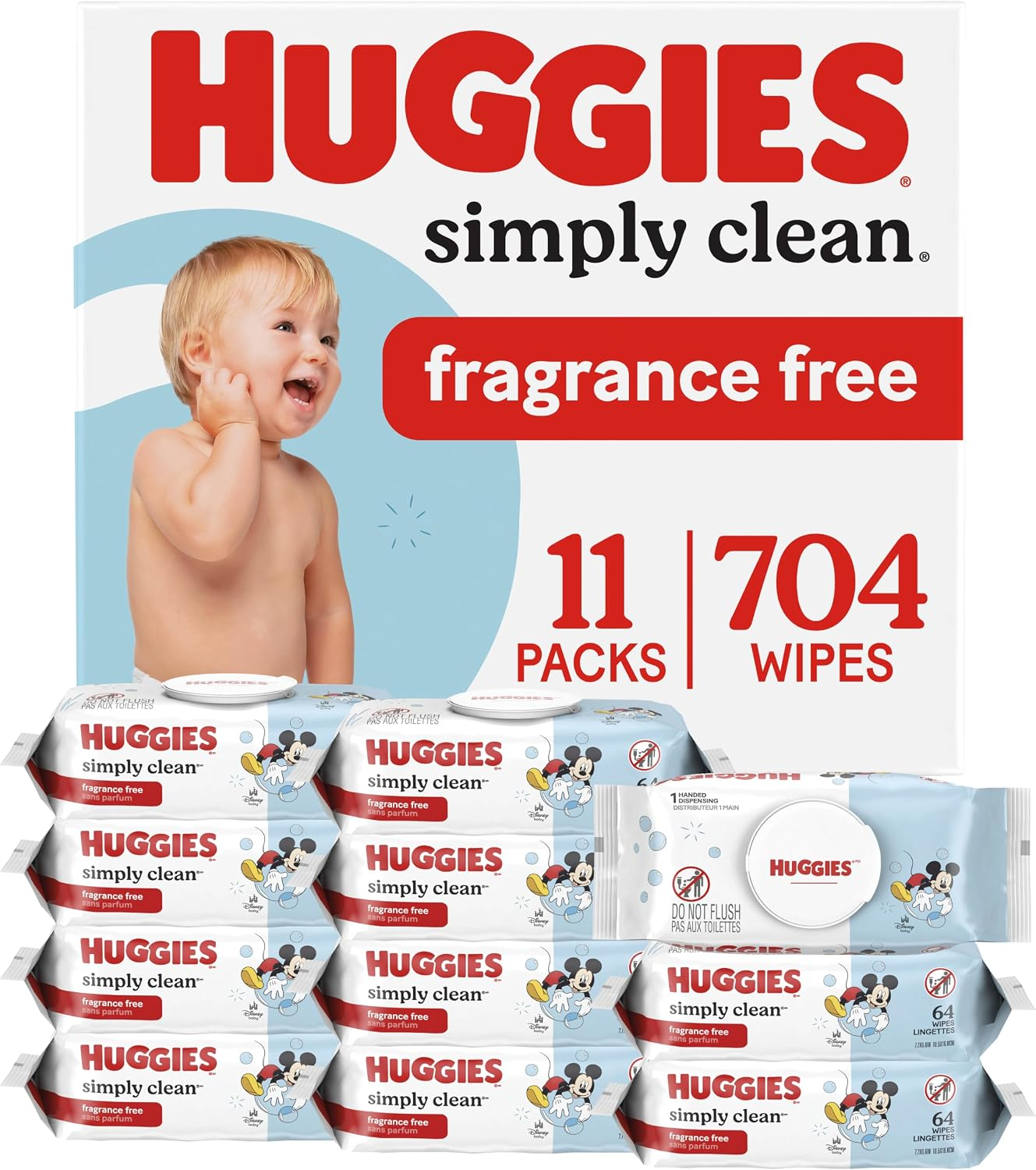 Huggies Simply Clean Unscented Baby Wipes, 11 Flip-Top Packs (704 Wipes Total)