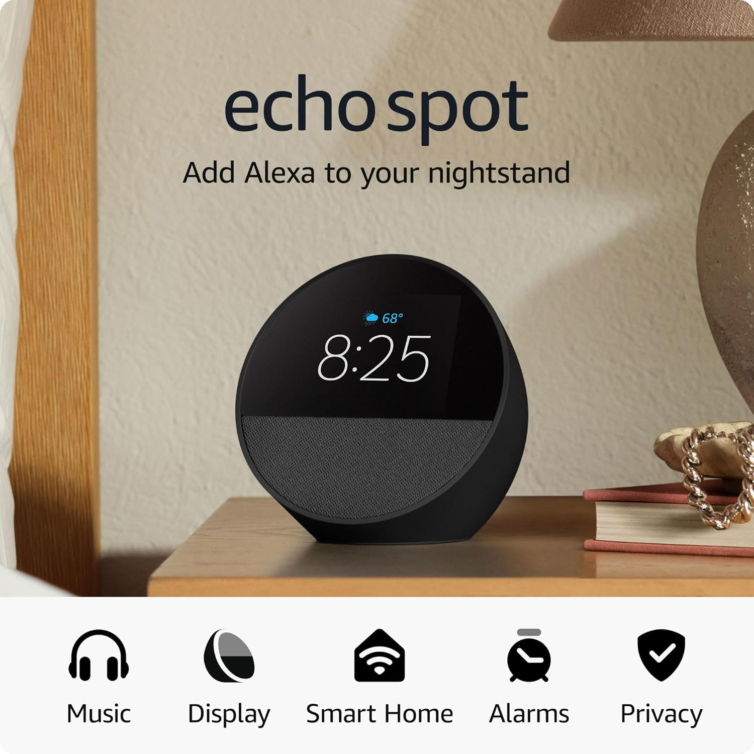 Amazon Echo Spot (Newest Model), Great for Nightstands, Offices and Kitchens, Smart Alarm Clock with Alexa, Black