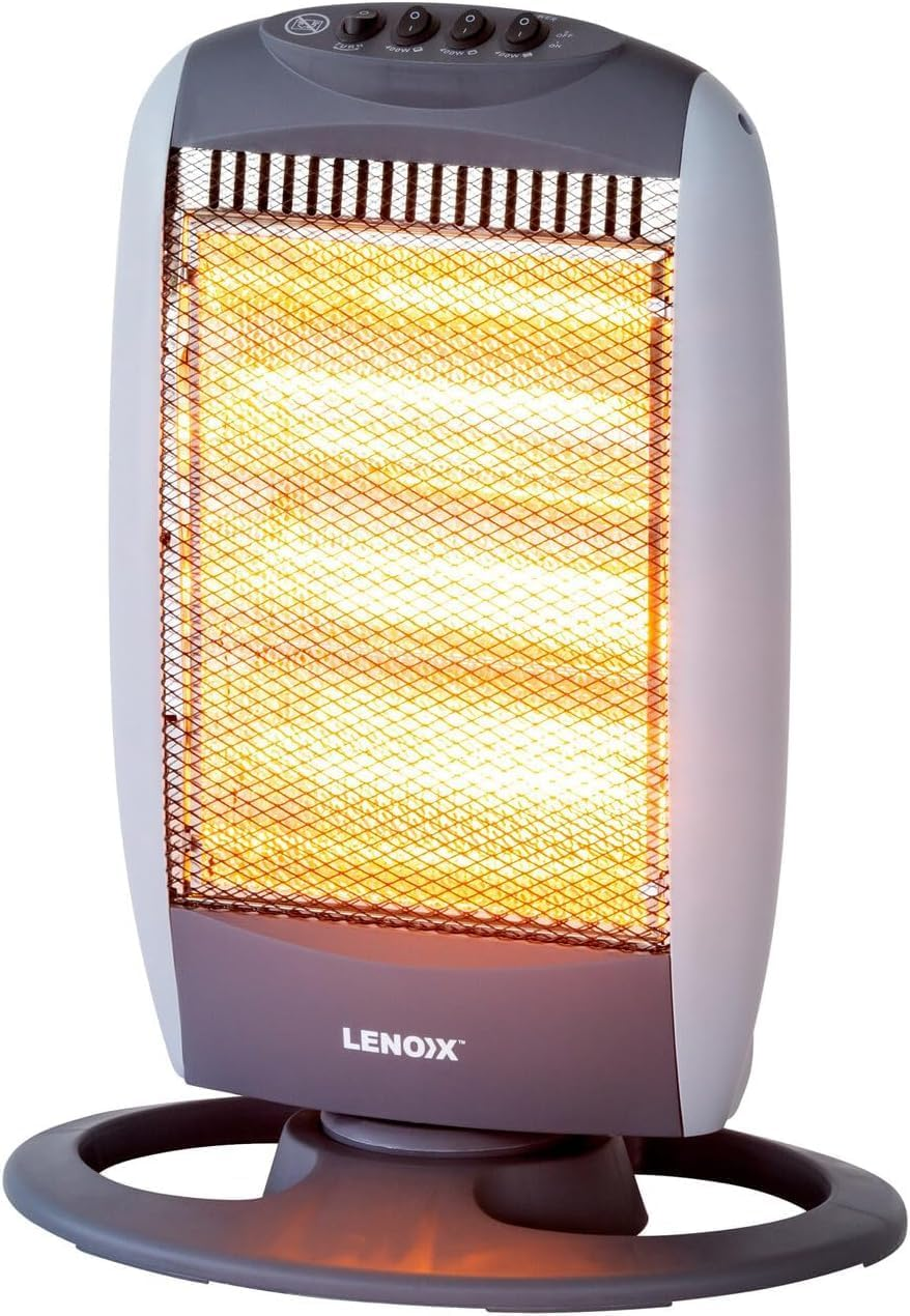 1200W Halogen Heater: 3 Heat Settings, Wide Angle Oscillation, Tip-Over Protection, 3 Separate Halogen Tubes, Built-In Carry Handle, Household Essentials - Grey