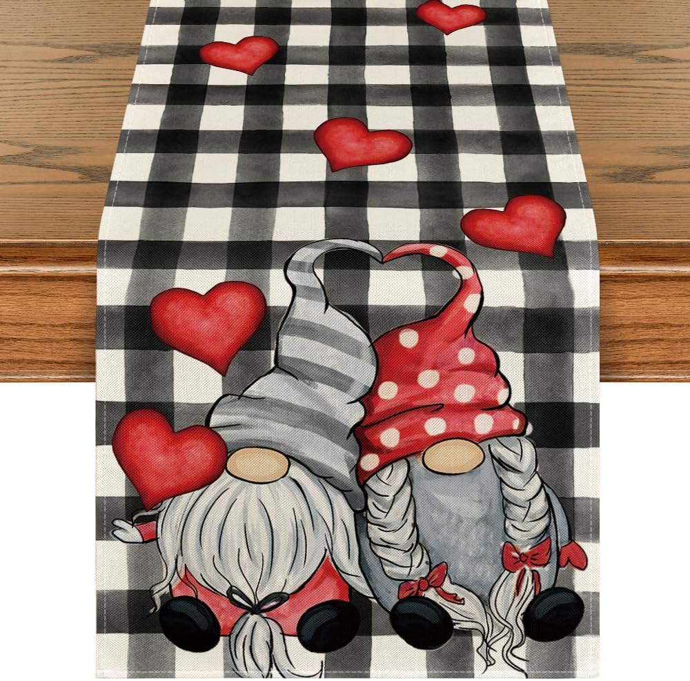 Watercolor Buffalo Plaid Hearts Gnomes Love Valentine'S Day Table Runner, Seasonal Anniversary Wedding Holiday Kitchen Dining Table Decoration for Indoor Outdoor Home Decor 13 X 72 Inch