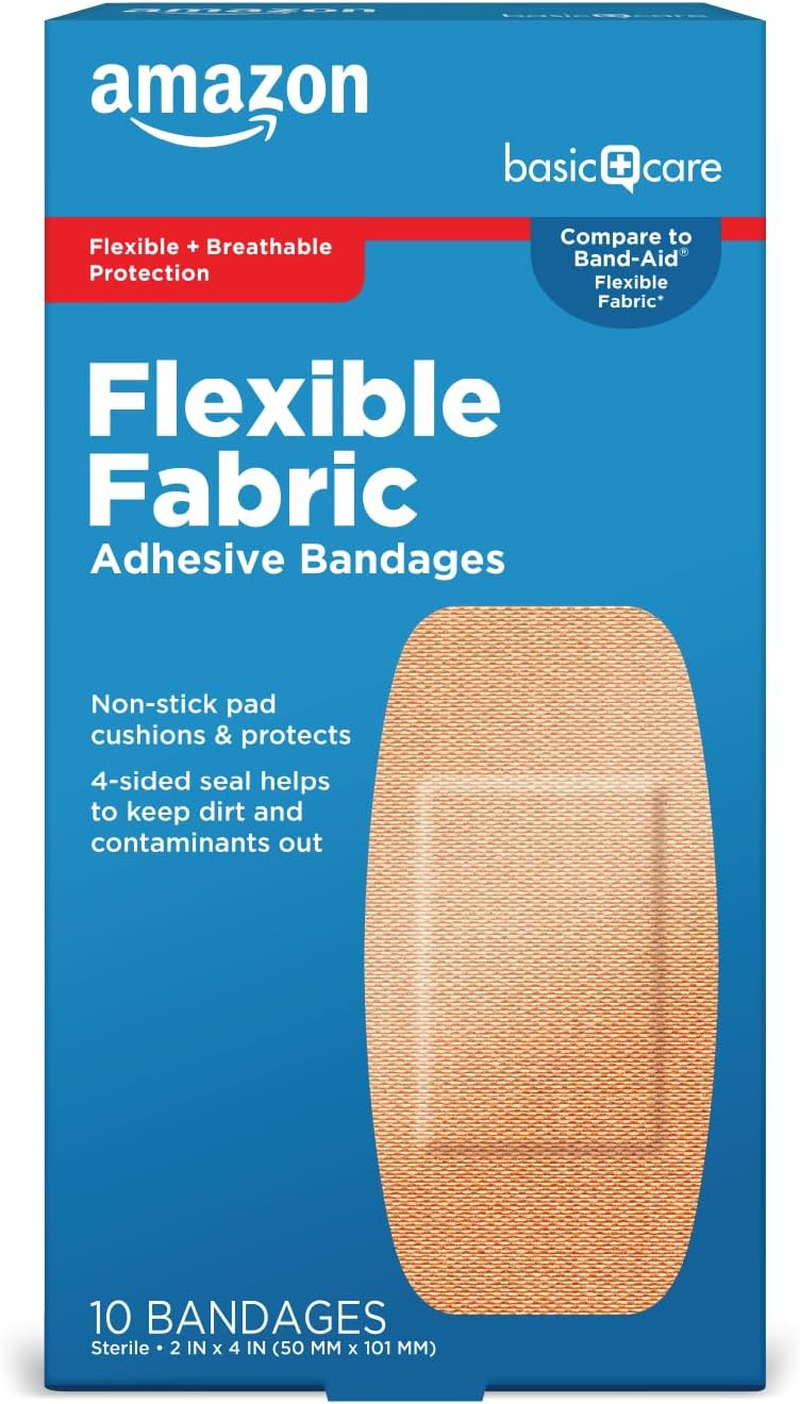 Amazon Basic Care Flexible Fabric Adhesive Bandages, XL (2 in X 4 In), Protection for All Skin Types, Flexible Stretch That Conform to Wounds, 10 Count
