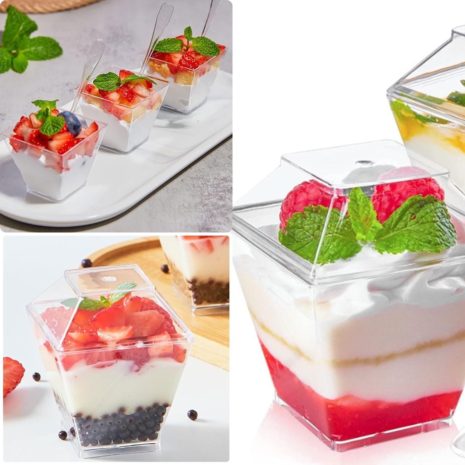 50 Pcs Dessert Cups, 200ml/7oz Clear Plastic Cups with Lids & Spoons, Small R... - Picture 5 of 13