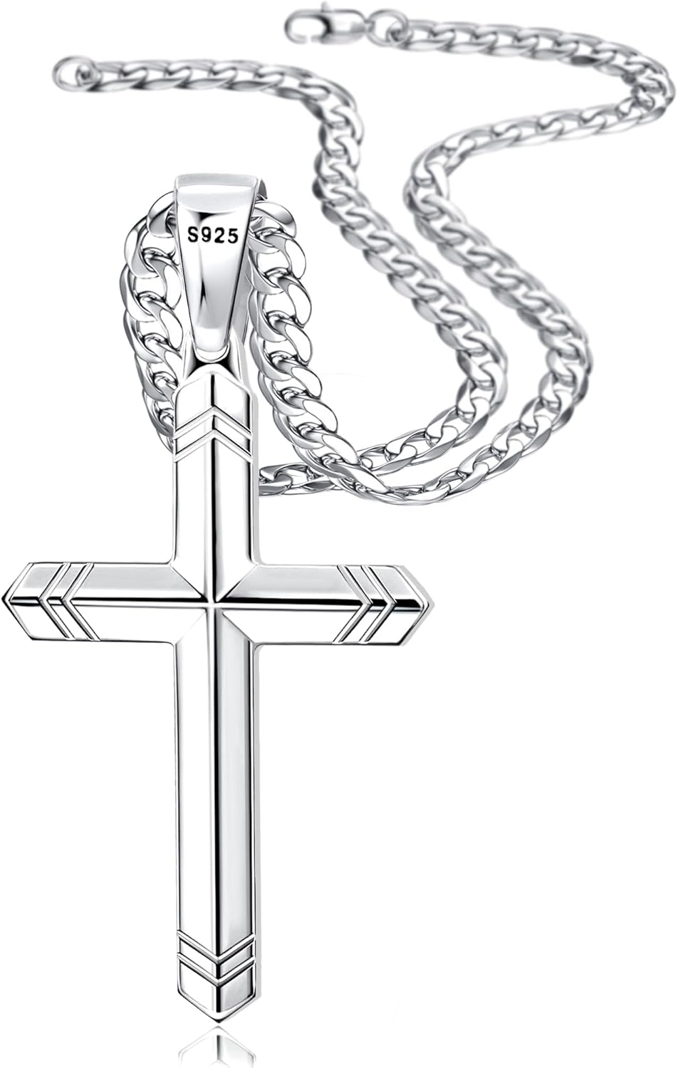 925 Sterling Silver Cross Necklace for Men Women, 5MM Durable Stainless Steel Non Tarnish Cuban Link Curb Chain with Silver Cross Pendant, Mens Cross Crucifix Necklaces Jewelry 16-30 Inches