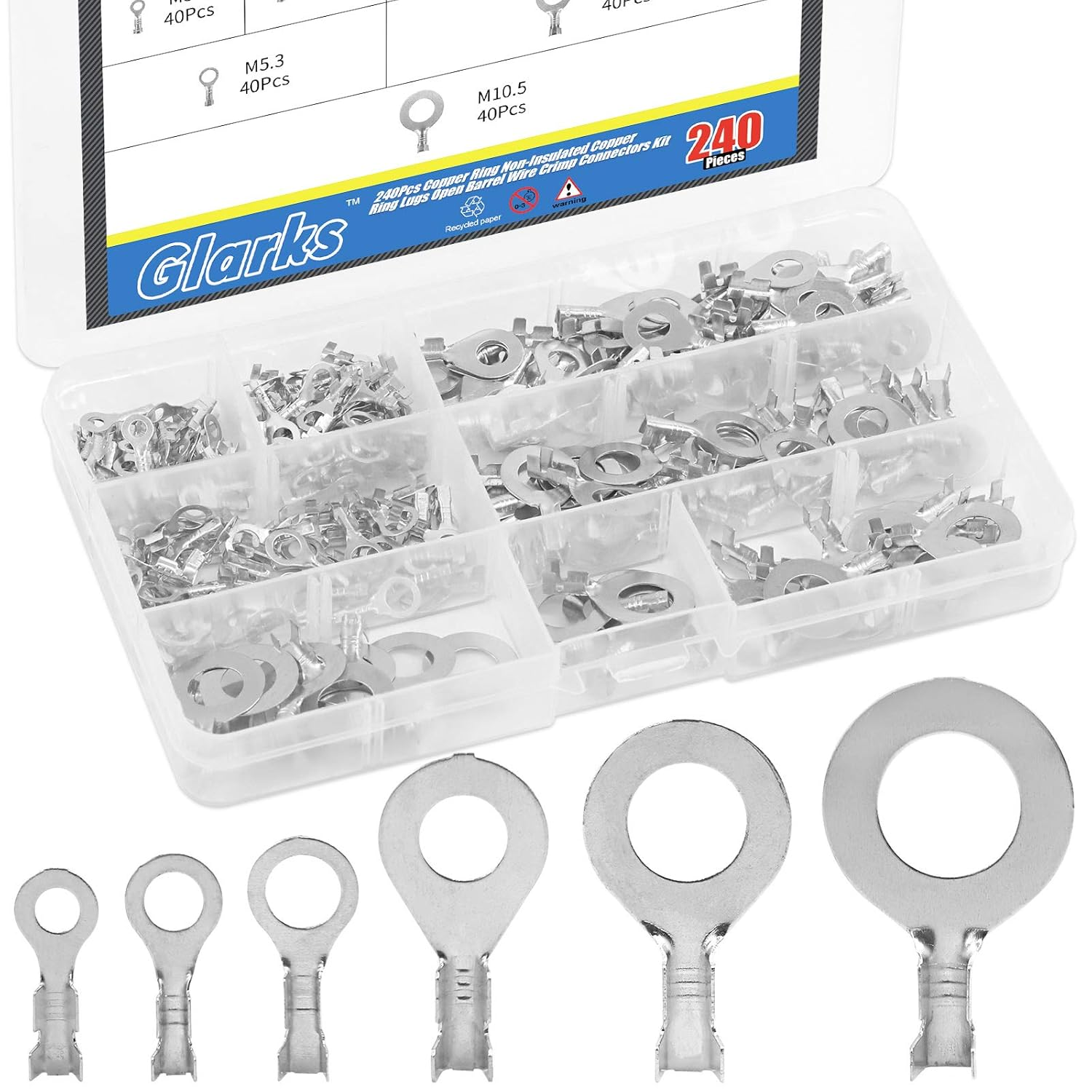 240Pcs Copper Ring Terminal Assortment Set Non - Insulated Lugs Open