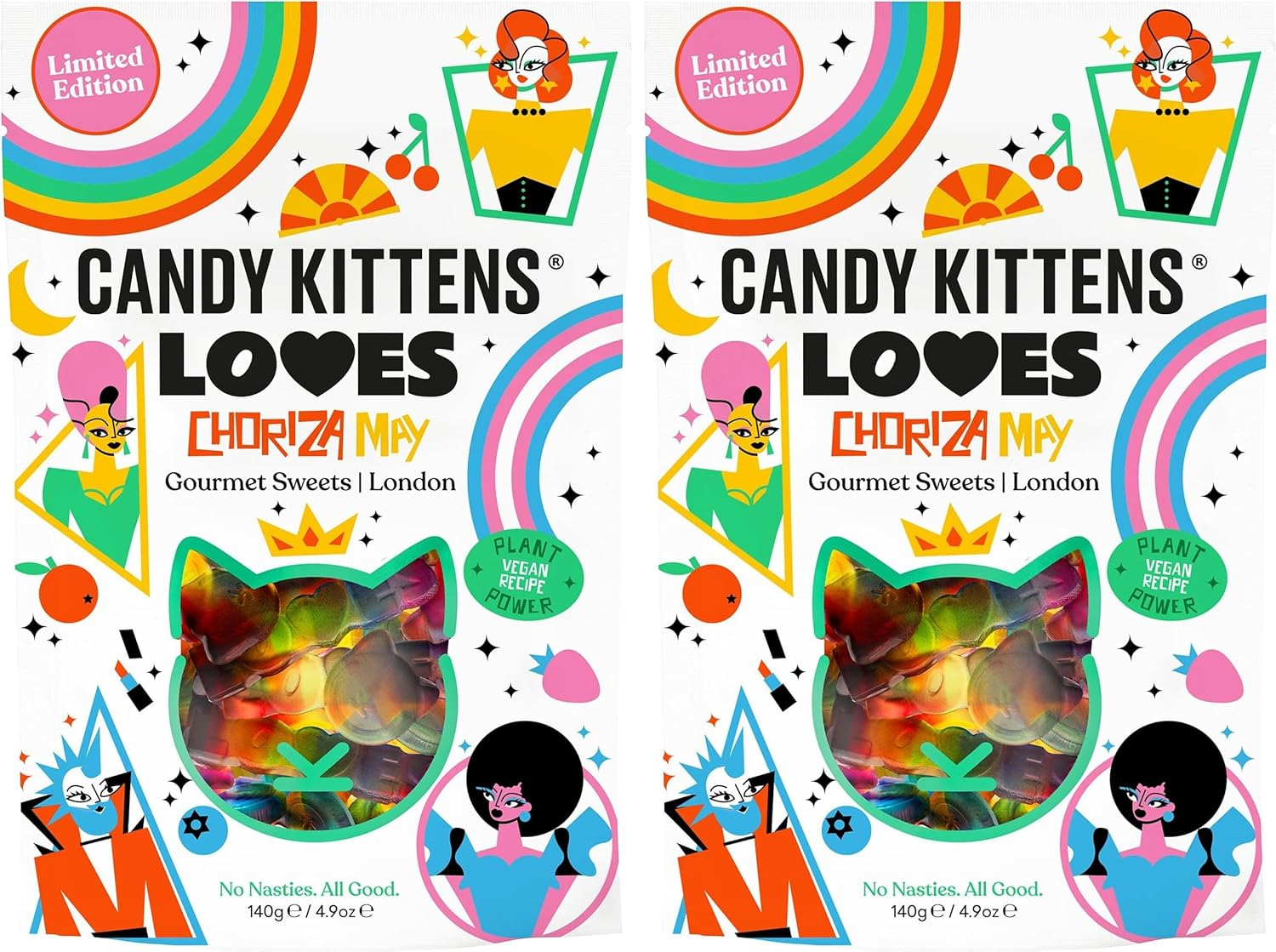 Candy Kittens Vegan Sweets LOVES (140G Bag) Rainbow Vegan Jelly Sweet Mix,Gourmet Vegan Sweet Gummy Sweets Naturally Flavoured with Fruit Vegetarian Sweets,Vegan Gift (Pack of 2)