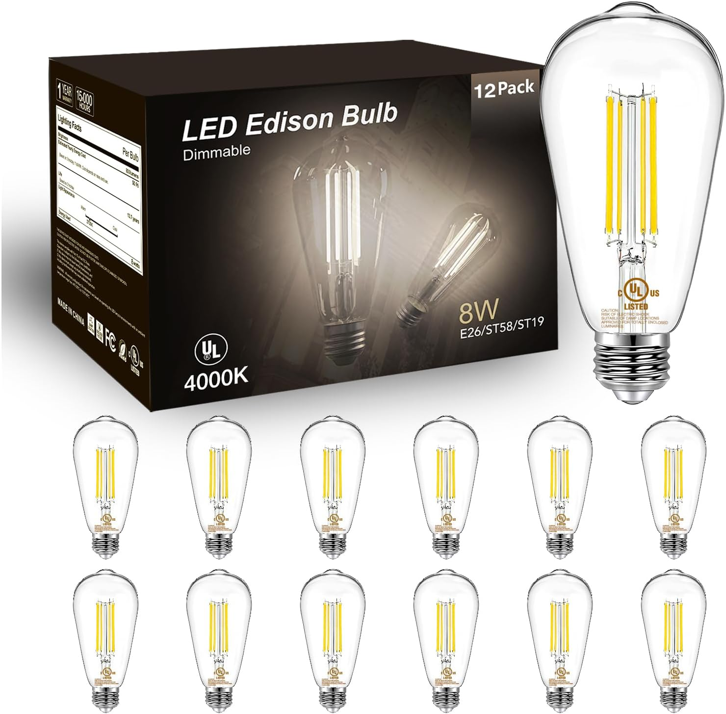 12 Pack Vintage LED Edison Bulbs, E26 Led Bulb 60W Equivalent, Dimmable Led Light Bulbs, High Brightness 800 LM Neutral White 4000K, ST58 Antique Filament Bulbs, Clear Glass Style for Home