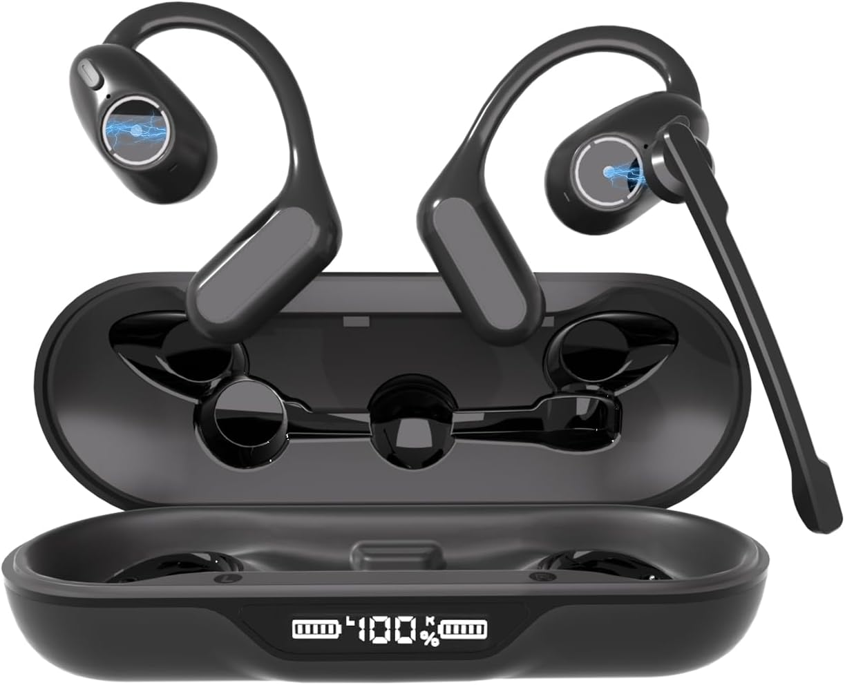 Bluetooth 5.4 Headset W/Detachable Microphone, Open Ear Headphones W/Noise Canceling Mic & Mute for Call, Multipoint Wireless Earbuds W/Charging Case for Office Home Work Driving Travel, 60H