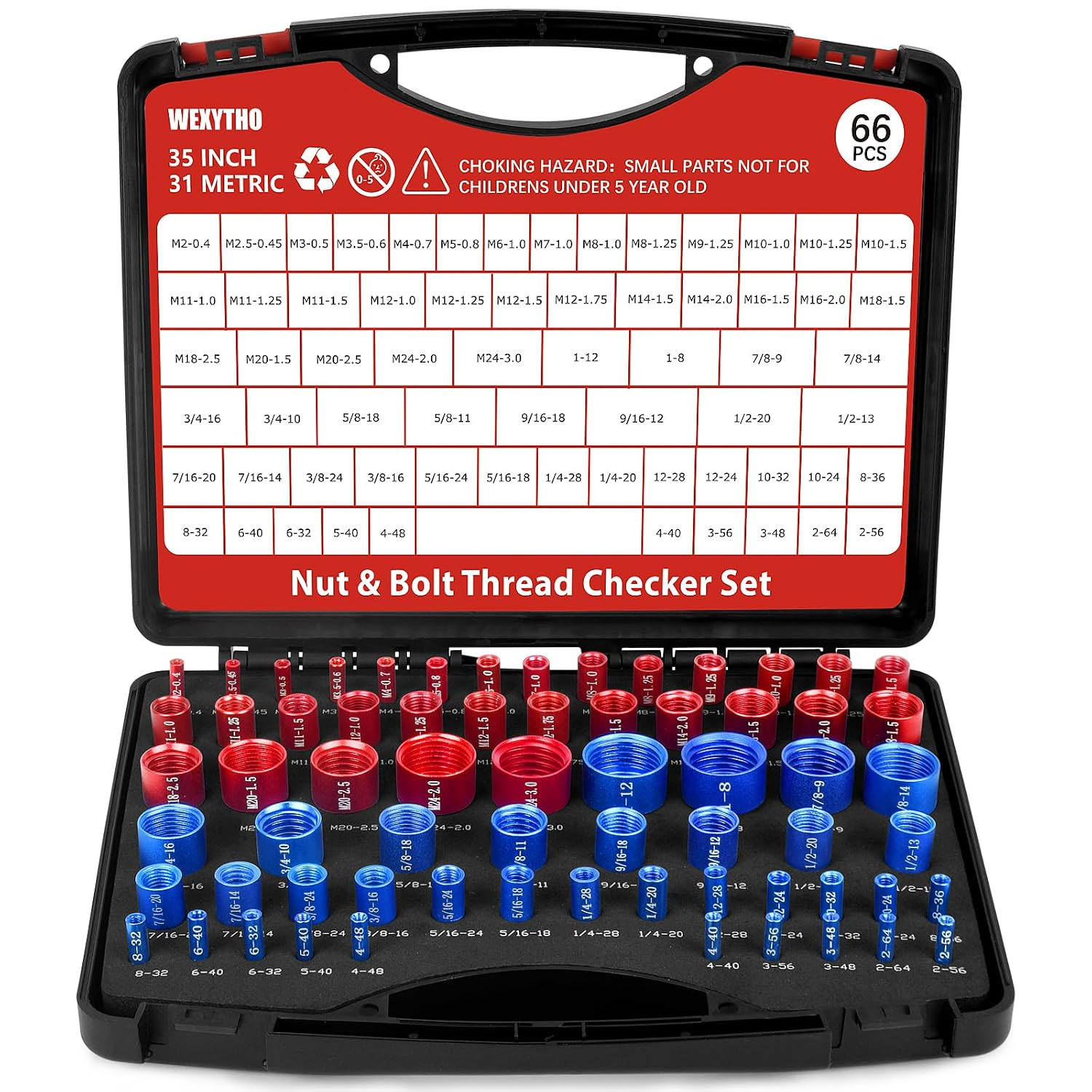 66 Pcs Thread Checker Nut and Bolt Thread Checker Set with 35 Inch and 31 Metric Box Set Thread Gauge for Tight Spaces SAE and Metric Sizes Ideal for Bolt and Nut Size Checking
