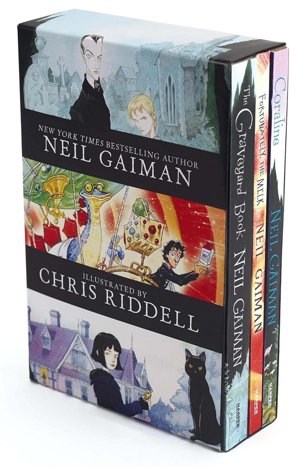 Neil Gaiman/Chris Riddell 3-Book Box Set: Coraline; the Graveyard Book; Fortunately, the Milk