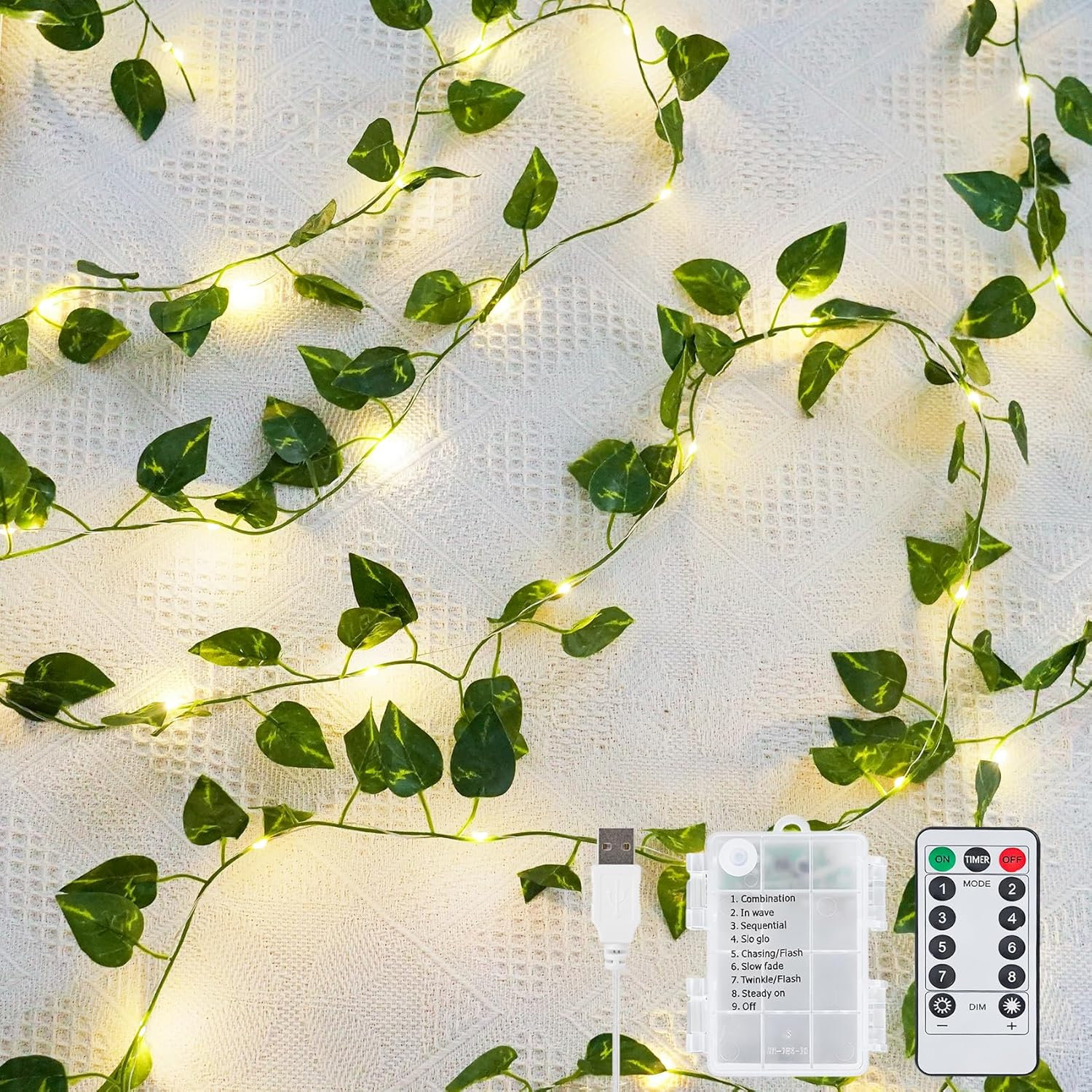 KASZOO 33Ft 100 LED Vine with Fairy Lights - Pothos String Lights Battery/Usb 
