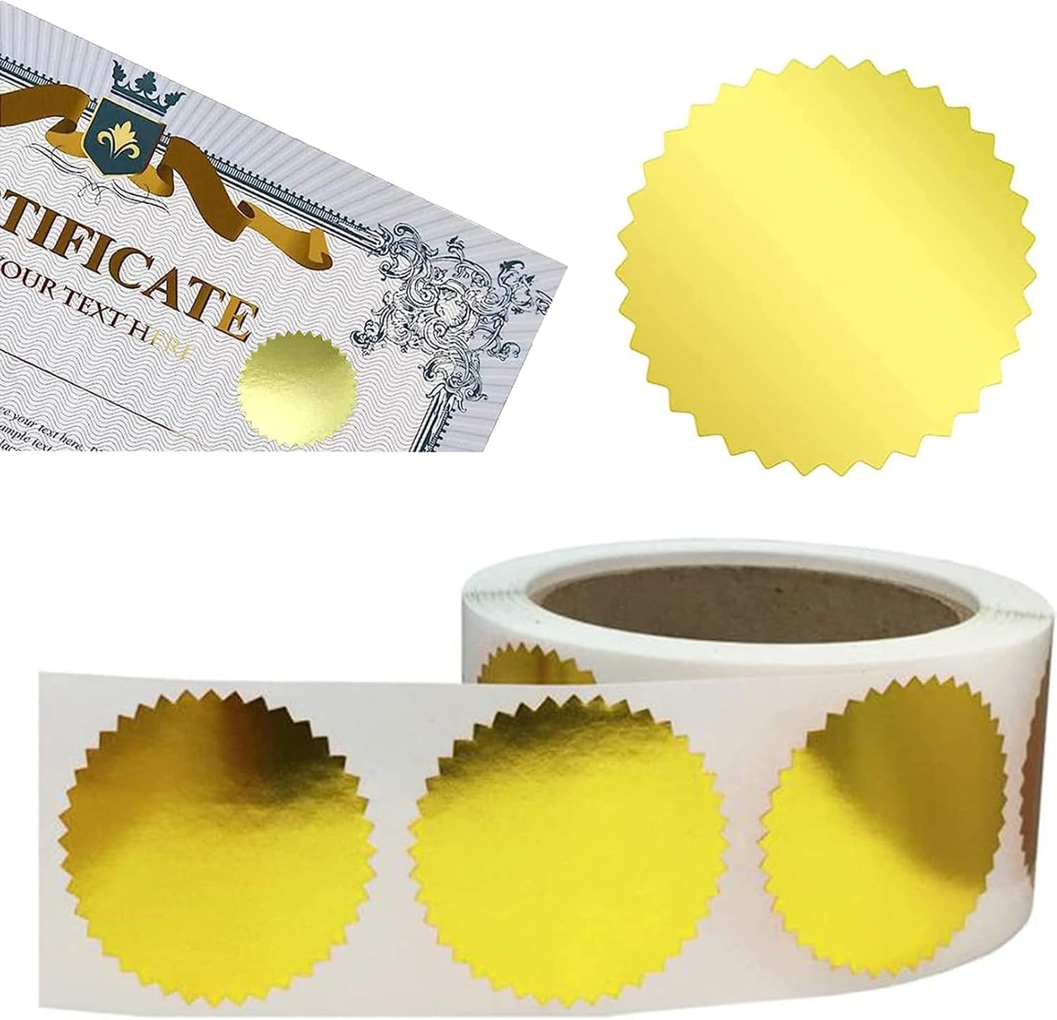, Gold Metallic Stickers with Serrated Edge 2'' Certificate Wafer Seals Stickers Labels for Envelopes, Package, School, Business - 250 PCS
