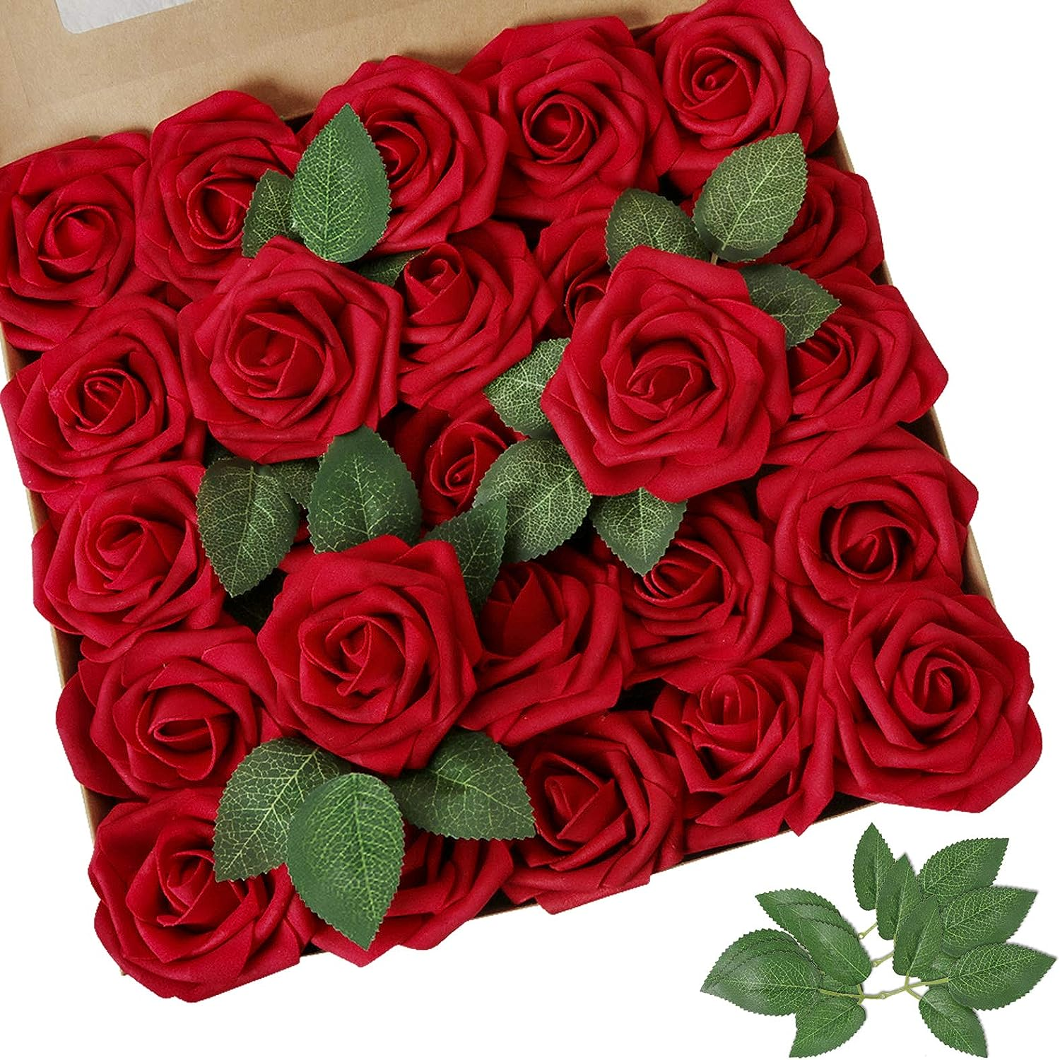 Artificial Flower Dark Red Rose 25pcs Real Looking Fake Roses w/Stem for DIY Wedding Bouquets Centerpieces Arrangements Party Baby Shower Valentines Day Christmas Tree Decorations