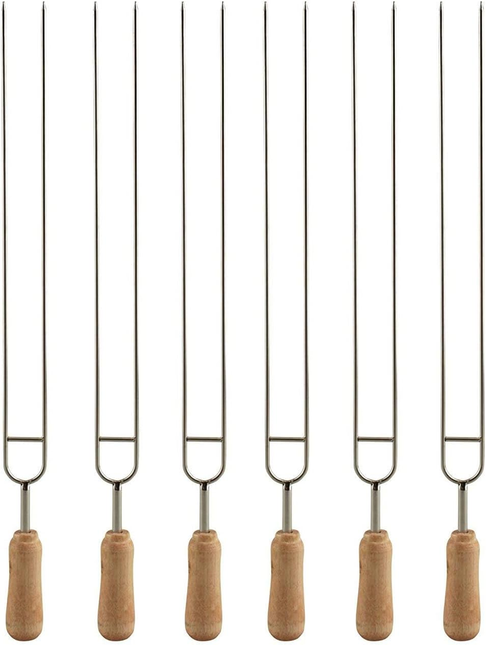 ® 6 Sets 15 Inch Stainless Steel Double Prongs Barbecue Shish Kebab Skewers with Wooden Handle