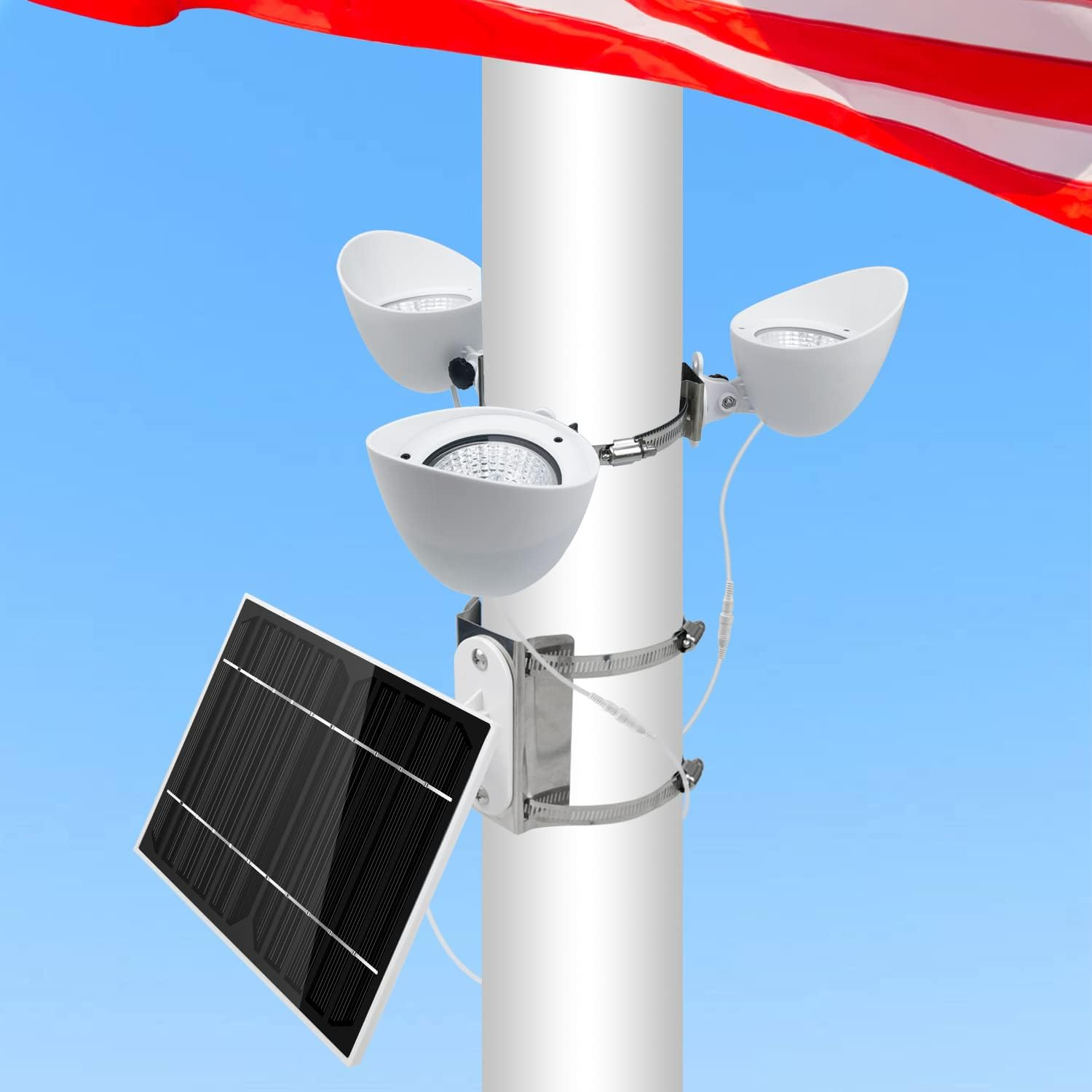 Solar Flag Pole Light,3 Super-Spotlights LED Flag Pole Light Solar Powered, 360 Angle Adjustable Clamps Fits 2'-6' American Flag Poles, IP65 Waterproof Outdoor Dusk to Dawn (3 Spotlights (White))