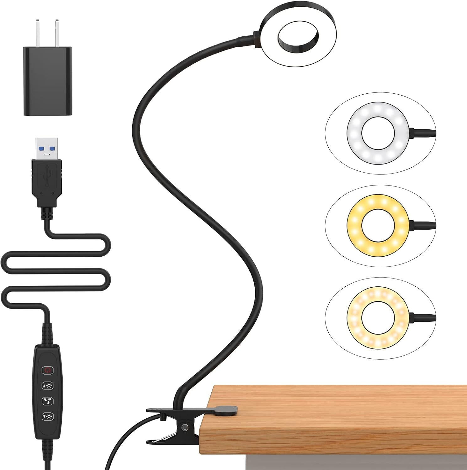 Desk Lamp, LED Reading Light with Clamp, 3 Color Modes & 10 Brightness Flexible Arm Book Light for Kids Reading Book in Bed at Night Clip on Table, Computer, Zoom Meetings - 27.6‘’ Black