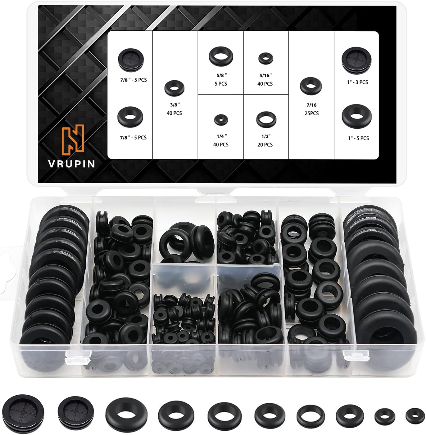 188 Pcs Rubber Grommets Kit - Rubber Washers for Wiring - 10 Different Sizes(1/4