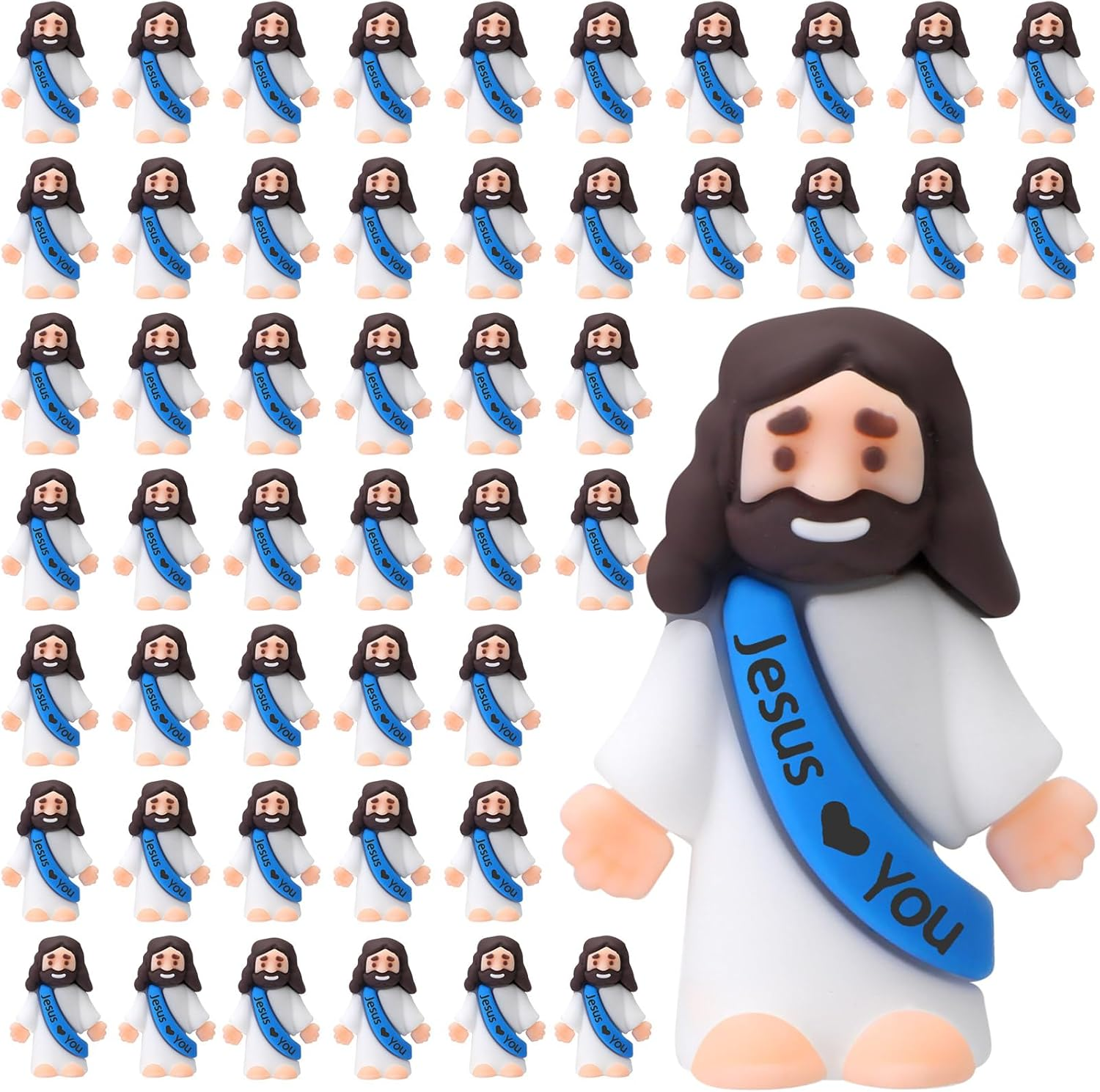 Bememo 50 Pcs Mini Jesus Figures Easter Jesus Loves You Christ Toys Little Christ Figures to Hide and Seek Sunday School Religious Party Favors Gift for Easter Egg Stuffers(Blue)