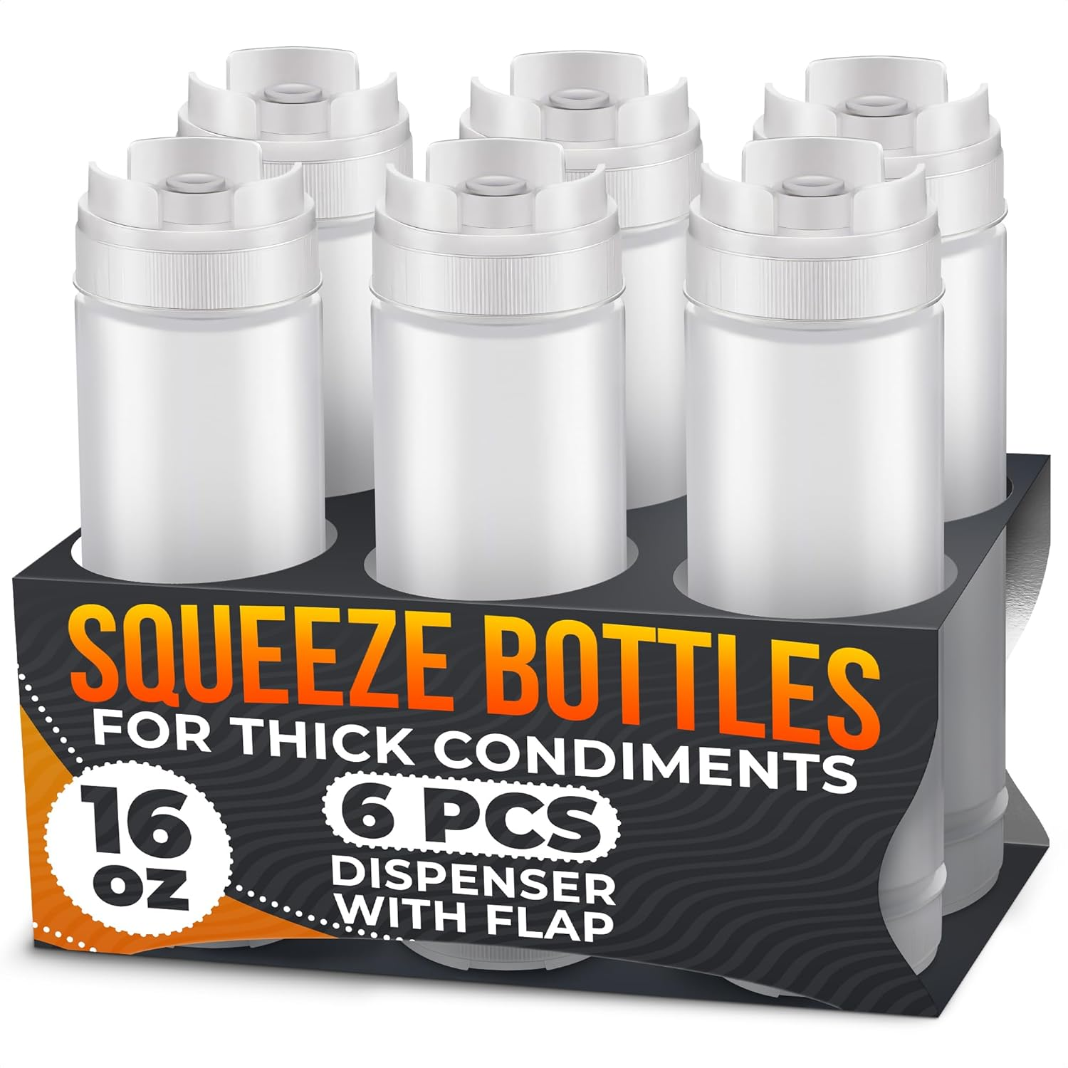 Set of 6 Inverted Condiment Squeeze Bottles for Sauces 16 Oz – Easy-To-Fill Clear Bottles with Self-Closing Valve for Dressings, Ketchup, Mustard - Dispensing Bottles for Cooking, Great as Easter Gift