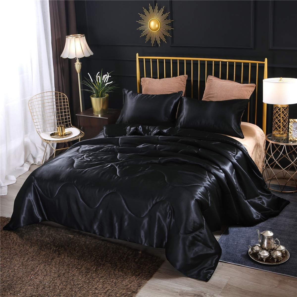Silky Satin Comforter Set Queen Black, Soft Lightweight Microfiber Luxury Sexy Quilted Bedding Sets with 2 Matching Pillow Covers for Summer Spring Autumn