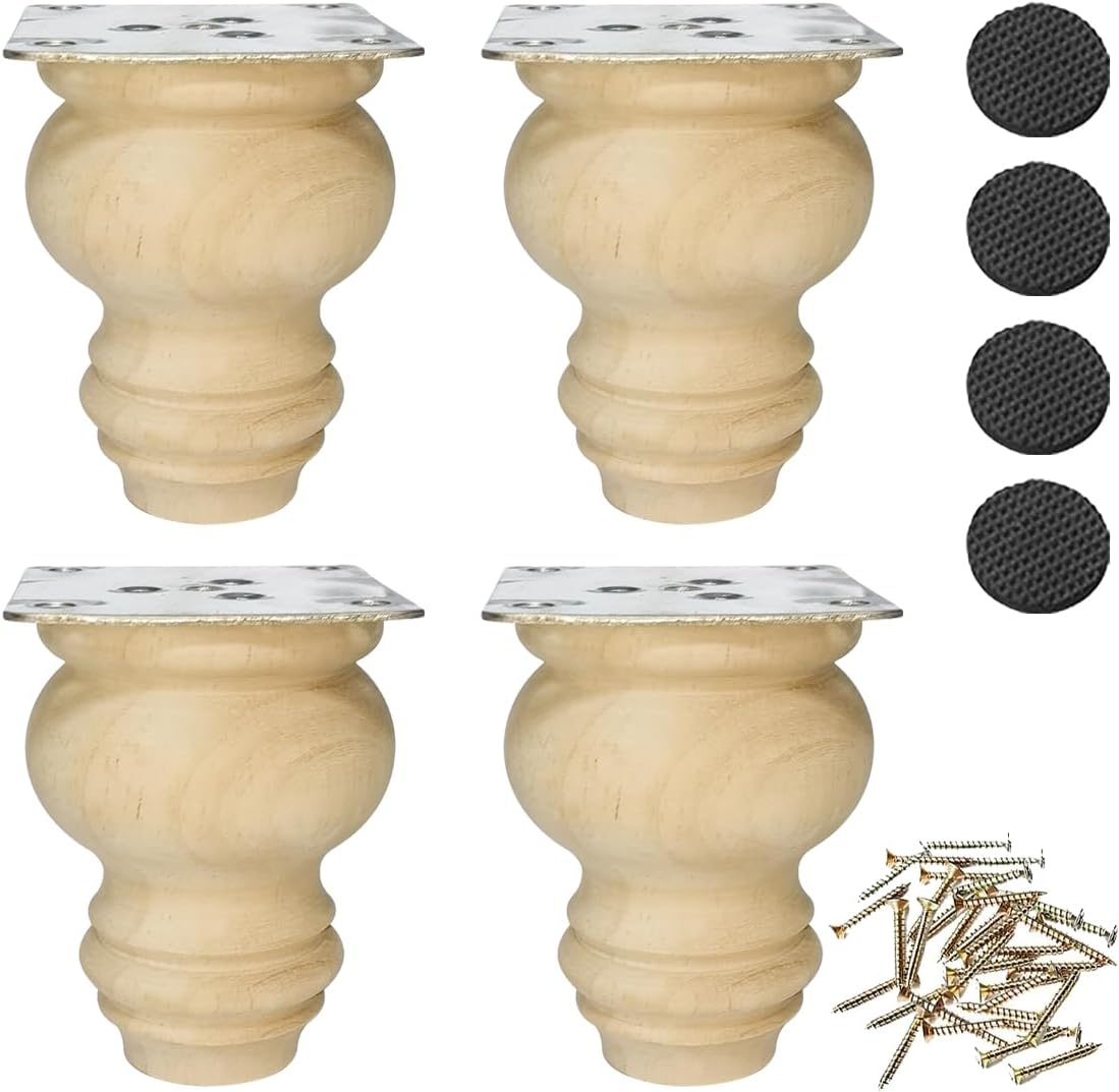 3 Inch Wooden Furniture Legs, Solid Wood Unpainted Replacement Furniture Legs