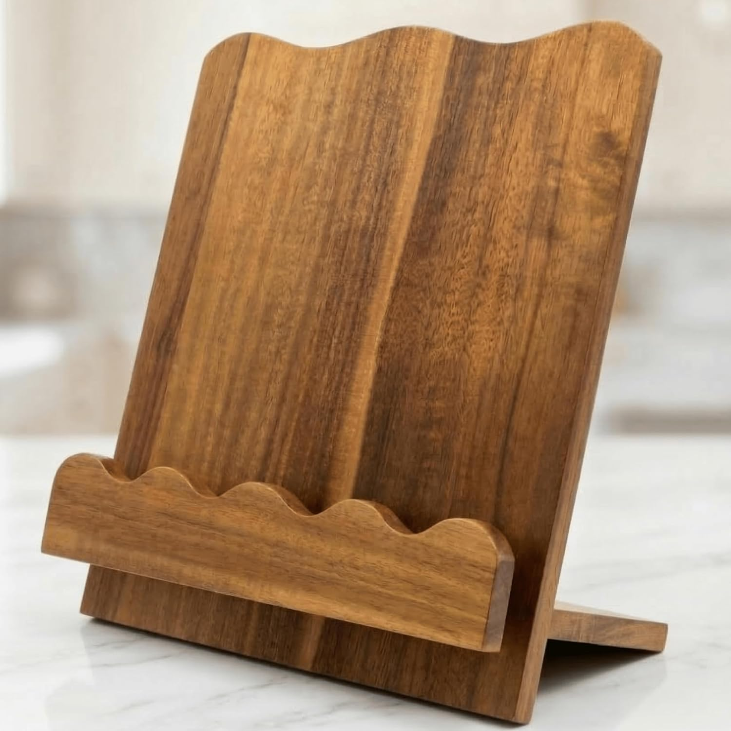 Beautiful Wooden Cookbook Stand for Your Kitchen Counter – Solid Wood Scalloped Book Holder (Acacia)