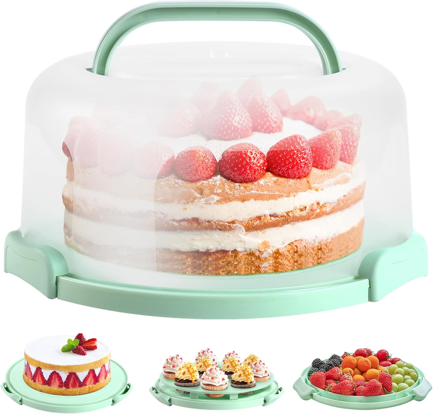 Cake Carrier with Lid and Handle, Bpa-Free Cake Containers Cake Holder for 10 Inch Cake with 2 Handles Cupcake Carrier - Plastic Cover Two Sided Base for Transport Pie Nuts Fruit Perfect Gifts