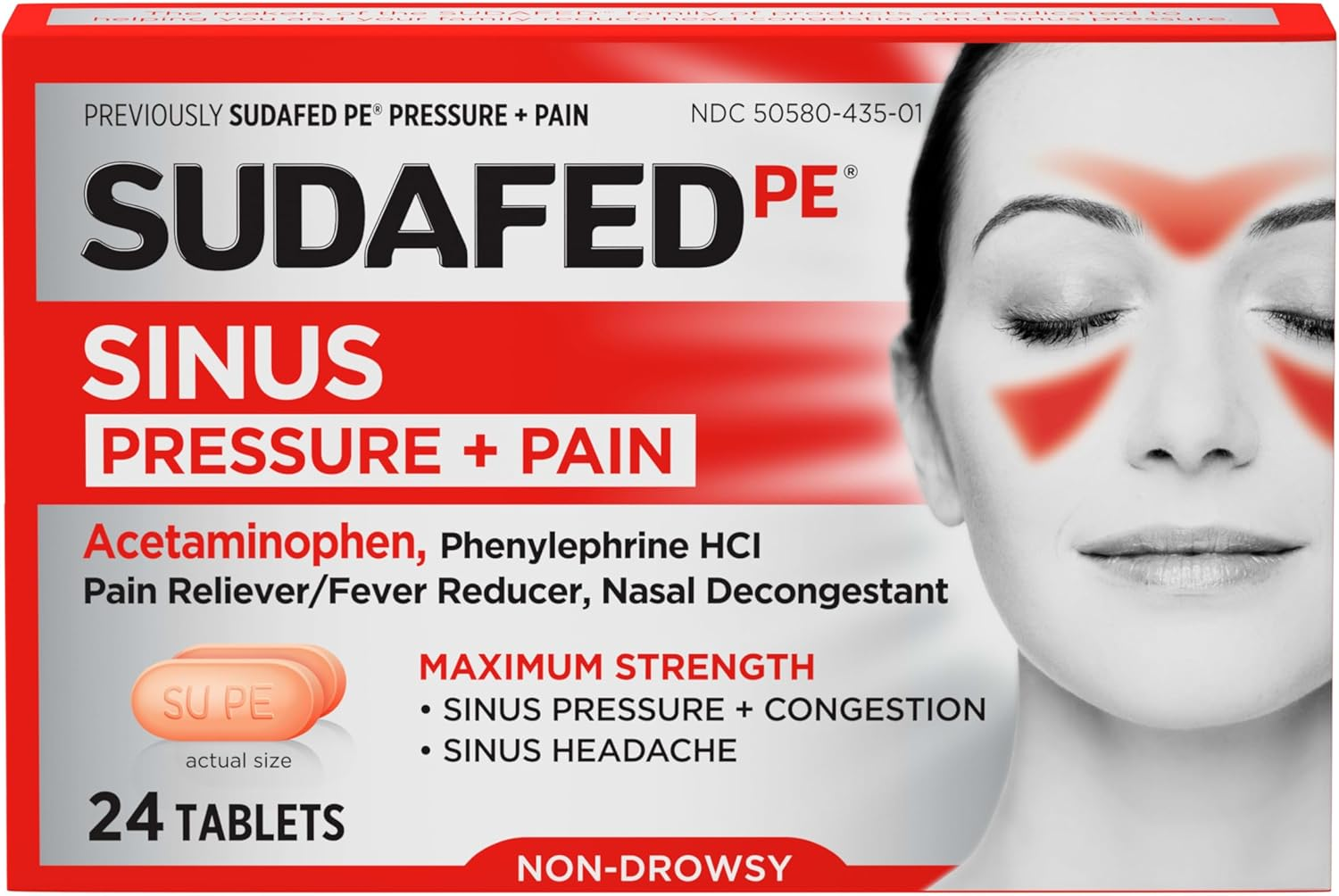 PE Sinus Pressure + Pain Relief Tablets, Maximum Strength, Non-Drowsy, Acetaminophen, Pain Reliever, Fever Reducer, Phenylephrine Hcl, Decongestant, Sinus Congestion Relief; 24 Ct; Pack of 1