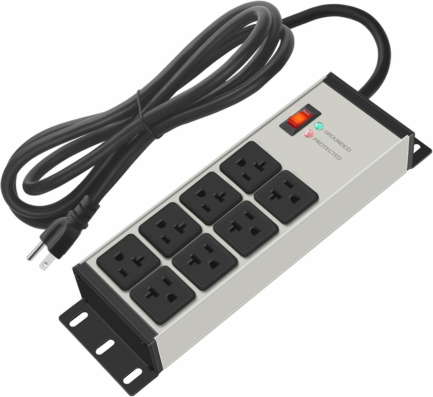 Heavy Duty Power Strip Surge Protector 20 AMP Switch, 12 Gauge Extension Cord with Multiple Outlets, Industrial, Shop, Garage High Amp Wall Mount Electric Extender. 6FT, Grey.