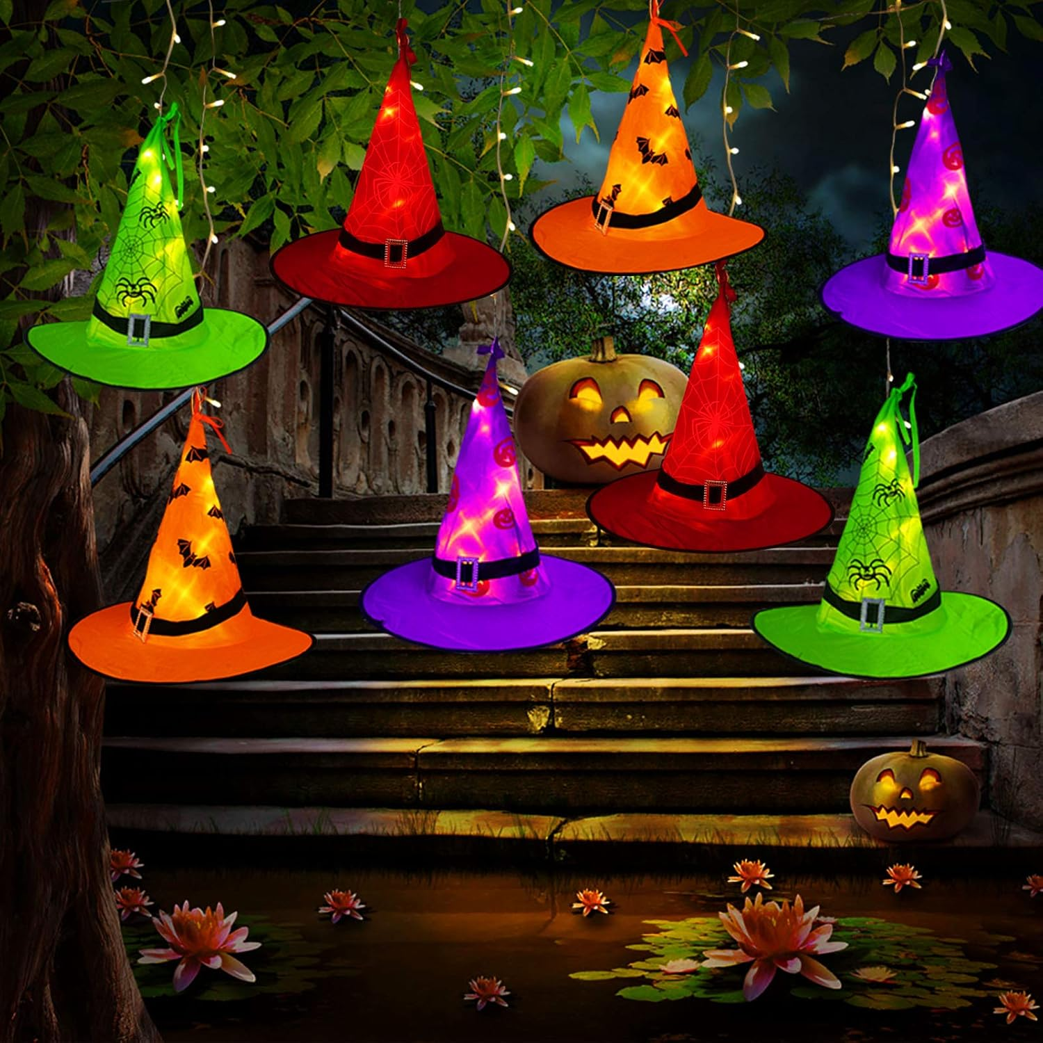 Halloween Decorations Lighted Witch Hats Lights, 8Pcs Hanging Glowing Witch Hats with 44Ft 104LED Halloween Lights String for Indoor, Outdoor, Yard, Tree Decor (8 Lighting Modes